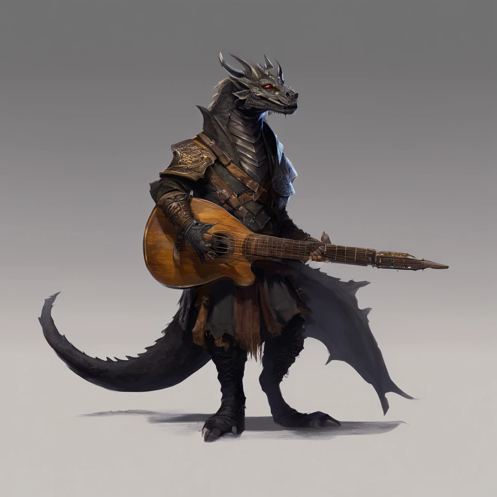 Black dragonborn bard with a lute