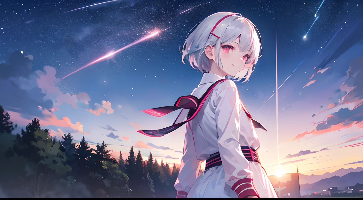 Pink girl with silver hair, Pink eyes, Very short hairstyle, A shy smile, hair clips, Long sleeves, Small chest, Majestic nature, shooting stars, back lighting, landscape, (bustup:1.2), (masutepiece). (Best Quality, 8K, hight resolution), Ultra-detailed, (Realistic), Vivid colors.