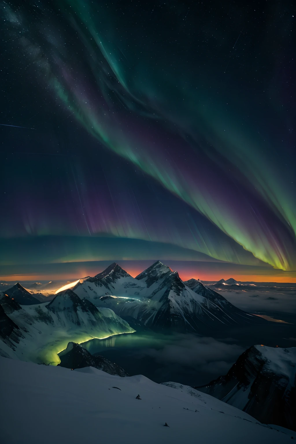 Imagine-se no topo do Monte Everest, enveloped by the silence and immensity of the starry sky, while the lights of the Aurora Borealis dance in vibrant shades of green and purple above you