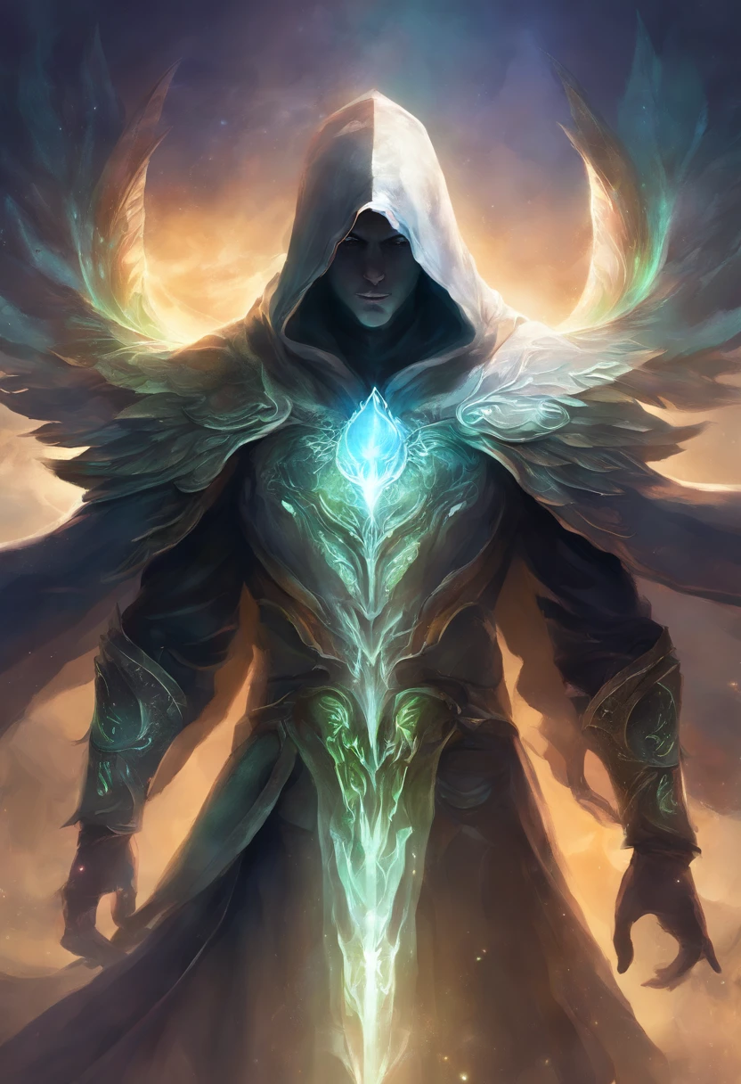 A high-fantasy portrait of a hooded shadowy celestial being with luminous spectral wings that are made of glowing light. He is surrounded by necrotic clouds and mist.