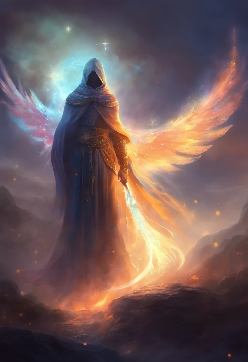 A high-fantasy portrait of a hooded shadowy celestial  being with luminous spectral wings that are made of glowing light. He is surrounded by necrotic clouds and mist.