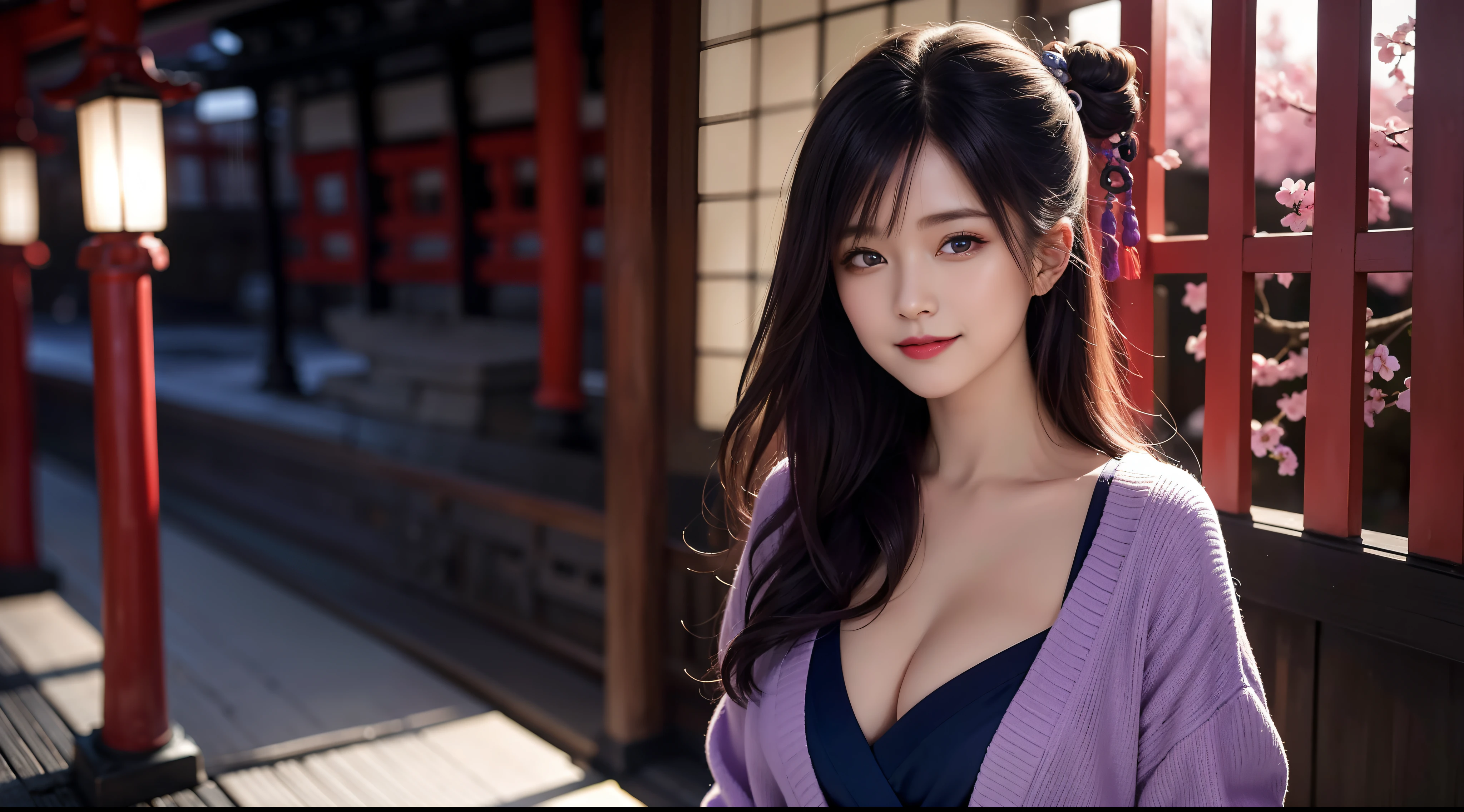 (t masterpiece, Need,1girll, Solo, Intricate details, Looking up perspective, color difference), real photo,(facade), (shoulder cut), cleavage, Close-up, smile, Sexy enhancement,Yae Miko, Purple blue hair, purple blue accents, purple eyes, sharp look, perfectly symmetrical figure, neon shirt, revealing jacket, sweater, leaning against the wall, brick wall, scribbles, dim lights, alleyway, looking at the viewer.((evil streaks, cleavage is seductive, big breasts are enchanting)),(((cherry blossom background) )),((((Japanese temple background)))), (((Shine in- dark background)))
