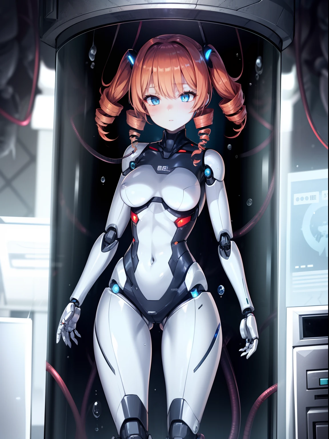 1girl,solo, drill hair, red hair,light blue eyes, curvy,humanoid robot, joints, robot, robot joints, shiny, shiny skin, thighs, robot, humanoid robot, robot girl,colored skin, hanger, in container, stasis tank, bubble, underwater, laboratory, expressionless,