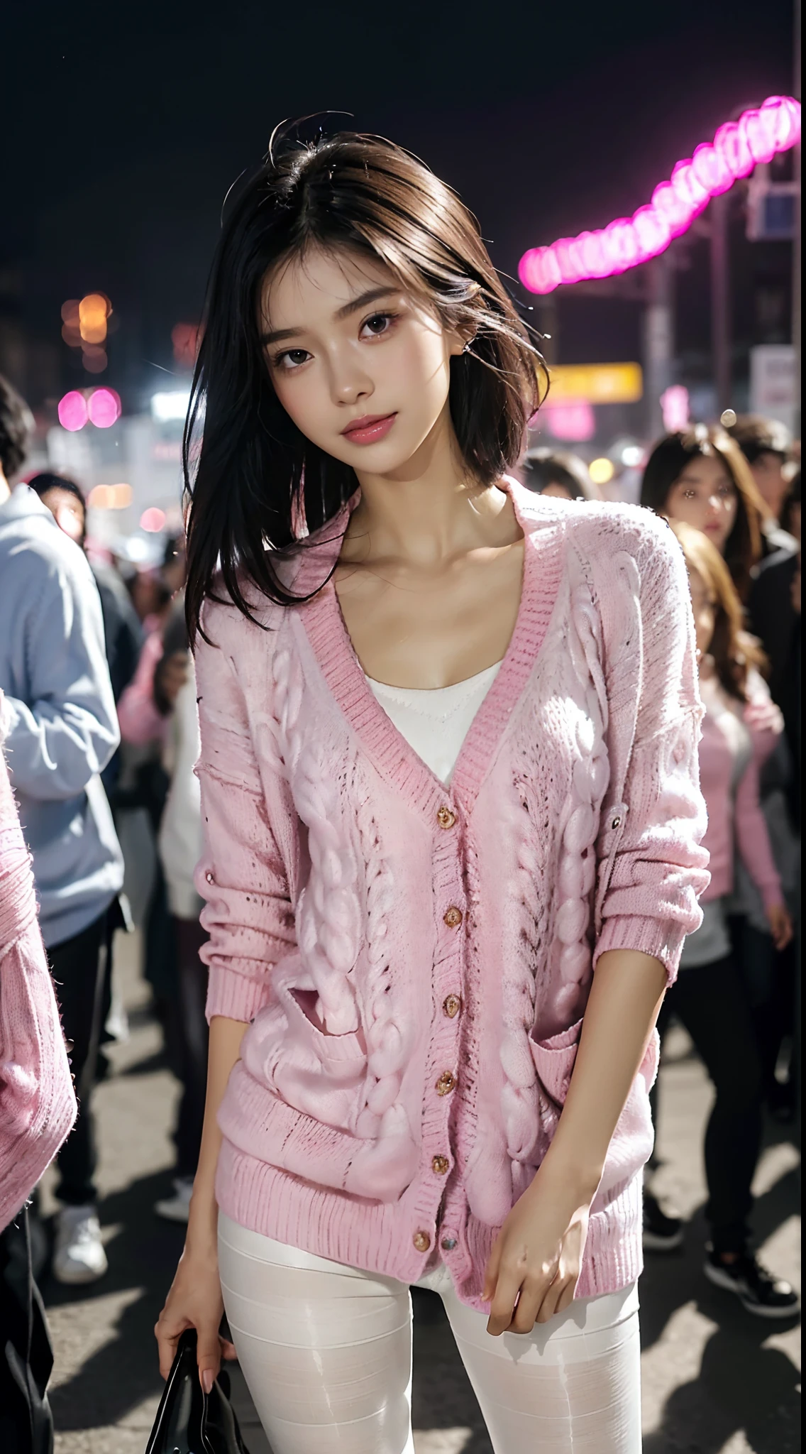 (shoulder length straight short black hair: 1.3), （Extremely meticulous CG 8k wallpaper),16k,(Extremely refined and beautiful），（Masterpiece），（best qualtiy：1.0），（Ultra High Resolution：1.0），beautiful light up，Perfect lightning，realistic shaded，[A high resolution],(Smooth and flawless fair skin:1.5),(shiny skin:1.5),Extremely exquisite facial details,(perfect body：1.1),ultra - detailed,A beautiful girl,small head,(Small breasts:1.1),Flat chests，slim，thin，Smile，cheerfulness,(Pink cardigan sweater:1.5),(white collared shirt:1.3),(white pantyhose:1.4),(white sneakers:1.2),slender legs,(nightfall:1.5),Sunset light,(Surrounded by a crowded crowd:1.5),At the school gate,standing,from front,close-up of her upper body