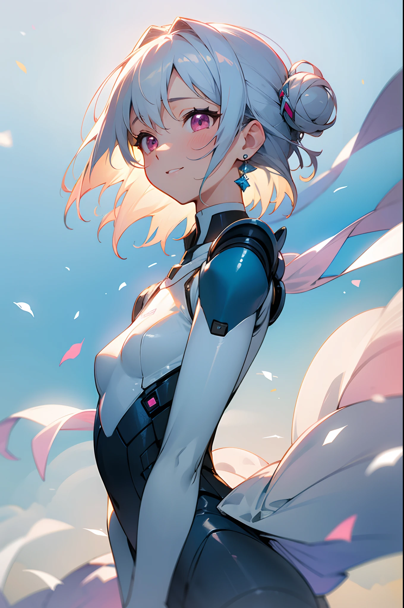 （best qualtiy，tmasterpiece，watercolor paiting，Splash ink），1 Beautiful and delicate portrait of a girl，Playful and cute，Background with:Confetti drifts in the air, Very pastel，Very soft，Short hair with silver bob styled in a bun with hair clip, Pink eyes, small tits、Diamond-shaped dark blue earrings、 Smile,Hair fluttering in the wind，Light blue and silver design，Sony FE 12-24mm F/2.8 grams，Examine brush strokes,, Backlit lighting, full bloom, Fuji colors, kanon, hyper HD, masutepiece, Anatomically correct, Best Quality, Textured skin、looking to side、look up sky、Black futuristic combat suit exposed
