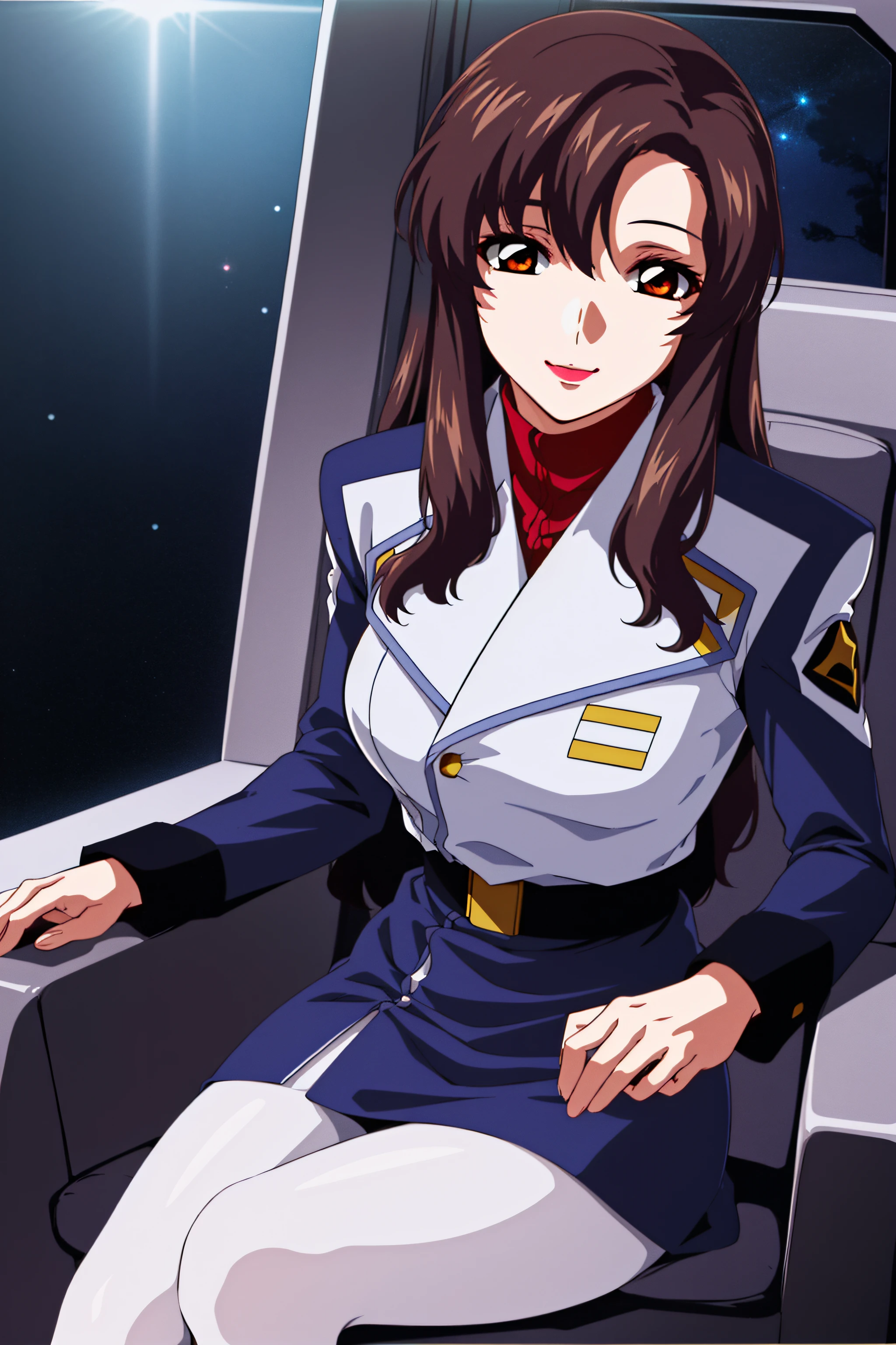 (Night:1.7),a space battleship in space,
sitting on a White_armchair,
military uniform, military,jacket,blue and white uniform,Skirt,
(black_pantyhose:1.3), 
bangs,brown_hair, long_hair,red eyes,lipstick,makeup, 
1 girl,27yo,female,Beautiful Finger,Beautiful long legs,Beautiful body,Beautiful Nose,Beautiful character design, perfect eyes, perfect face, Japanese,cosplay,
looking at viewer, (innocent_big_eyes:1.0),alluring,embarrassed, shy,light smile,
NSFW,official art,extremely detailed CG unity 8k wallpaper, perfect lighting, (masterpiece:1.0),(best_quality:1.0), ultra high res,4K,ultra-detailed, photography, 8K, HDR, highres, absurdres:1.2, Kodak portra 400, film grain, blurry background, bokeh:1.2, lens flare, (vibrant_color:1.2),(beautiful_face:1.5),(narrow_waist),(perfect hands, perfect anatomy),