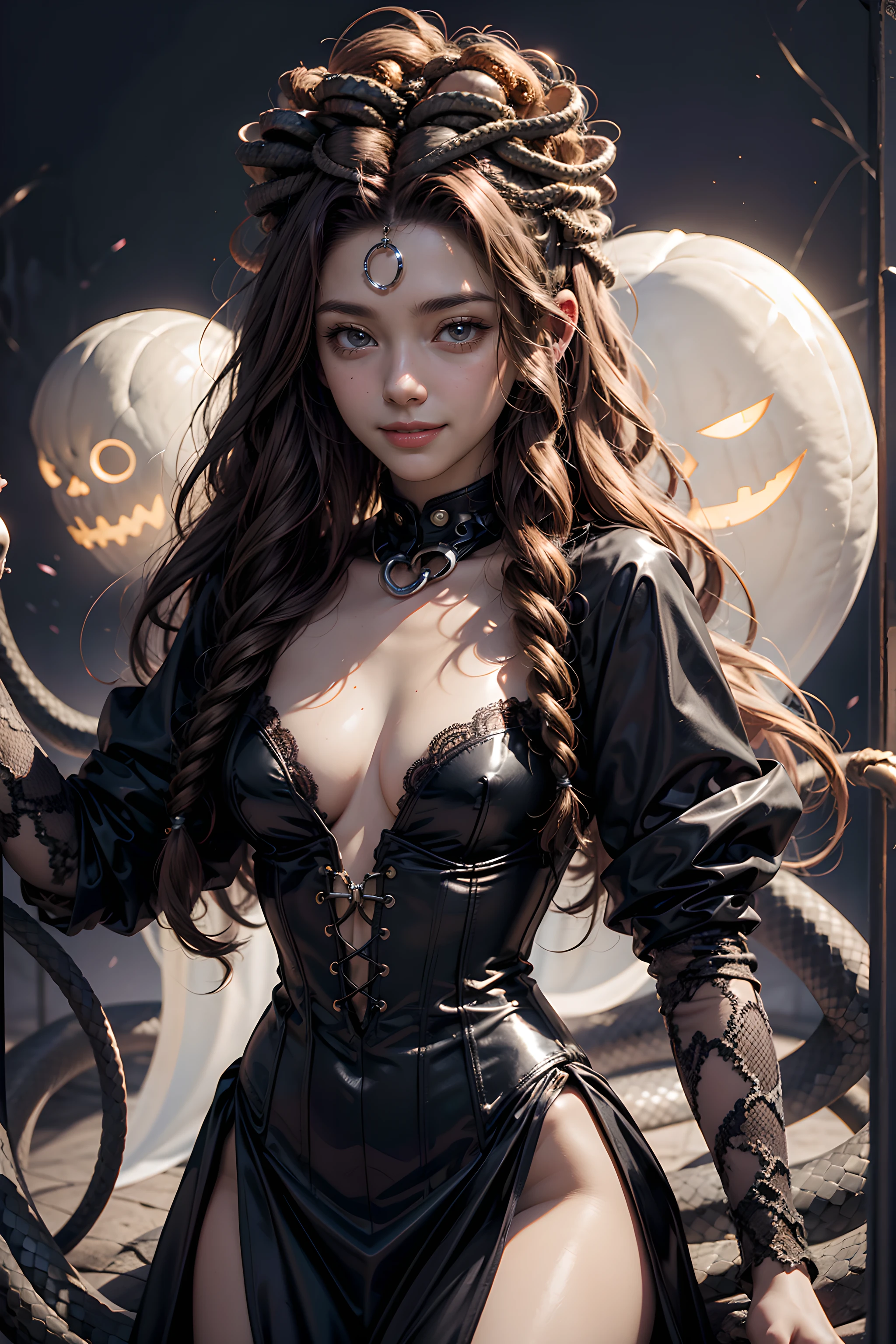(Halloween theme:1.2), (fantasy:1.2), (dark theme:1.2), (film noir:1.3), monster girls, long hair, snakes, gorgon, snake hair, BREAK, Beautiful illustration, top-quality, (cute Russian medusa girl, white people:1.3, Caucasian:1.3), having medusa features, (medusa:1.5), BREAK, (medusa hair:1.5), (snake hair:1.3), (hair is composed of countless small snakes:1.3), (blue eyes, pale skin:1.1), (beautiful, 20 years old:1.5), slim, slender, (small-medium breasts), clean face:1.3, BREAK, (black elegant full lacy dress), (latex corset), (black latex stockings), (knee-high-over-boots, pin-hells), (insanely detailed clothes), BREAK, arms behind back, arms up on head, blue eyess, lovely thighs、(looking straight at the viewer), (view viewer:1.3), (upper body:1.3), from above, (fairytale:1.3), (Fantasy world halloween background:1.3), (jack O'lantern:1.3), (ghost:1.3), (playing ghost and jack O'lantern:1.3),