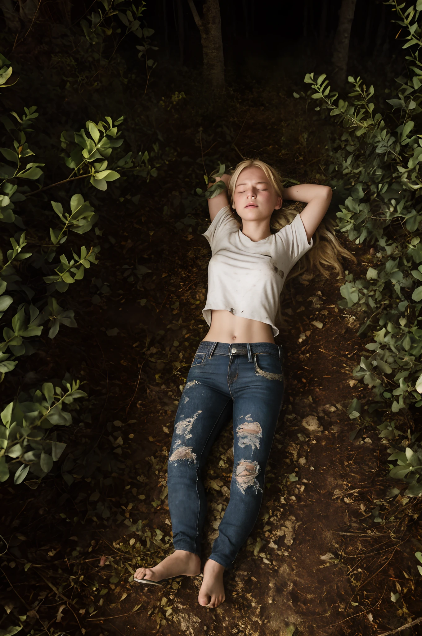 Full body view. Blonde rugged medieval female teenager in torn, shredded, ripped medieval sailor’s clothes with pants lying on her back in the dark woods at night in the bushes. Darkness. No shoes. Hurt. Besten. Unconscious. Sleeping. Eyes closed.