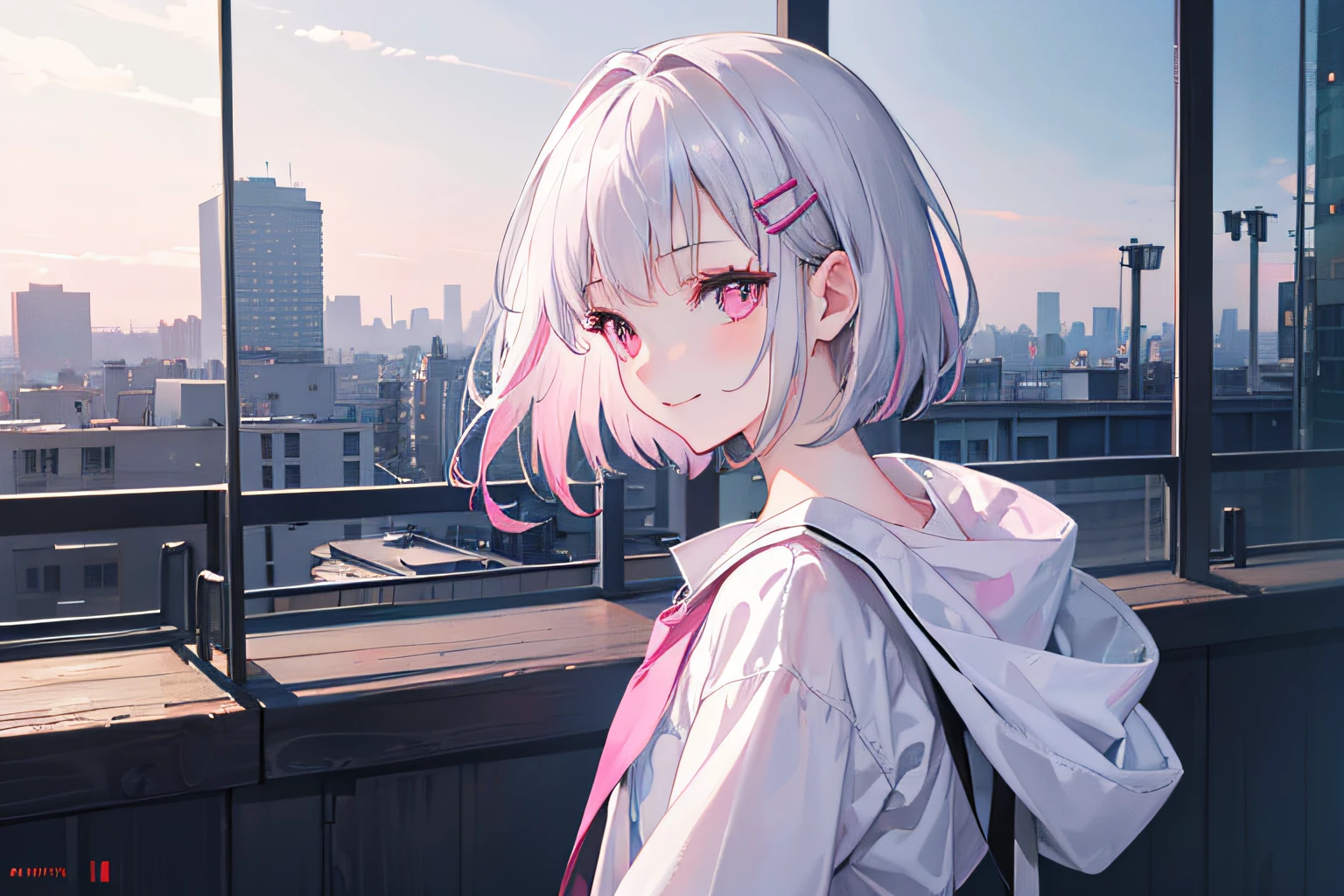 Pink girl with silver hair, Pink eyes, Very short hairstyle, A shy smile, hair clips, Long sleeves, Small chest, Exotic city, back lighting, landscape, light scattering, Light transparency, (bustup:1.2), (masutepiece). (Best Quality, 8K, hight resolution), Ultra-detailed, (Realistic), Vivid colors.