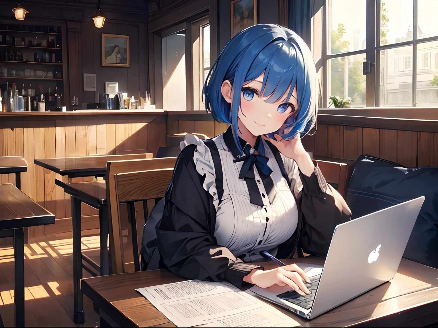 (1girl in),(beautiful eyes finely detailed、Face to detail、masterpiece sidelighting、masterpiece、top-quality、detaileds、High resolution illustration), Woman using laptop PC in fashionable café、18year old、Pupils、Everyday clothes、A smile、frontage、The upper part of the body、Blue hair、Short bob hair、The upper part of the body、