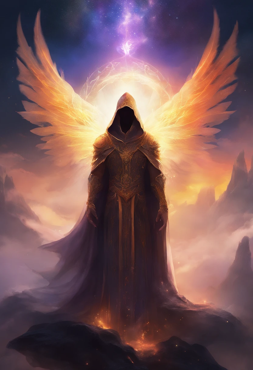 A high-fantasy portrait of a hooded shadowy celestial being with luminous spectral wings on its back that are made completely of glowing light. He is surrounded by necrotic clouds and mist.