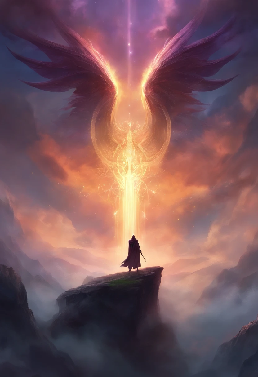 A high-fantasy portrait of a hooded shadowy celestial being with luminous spectral wings on its back that are made completely of glowing light. He is surrounded by necrotic clouds and mist.