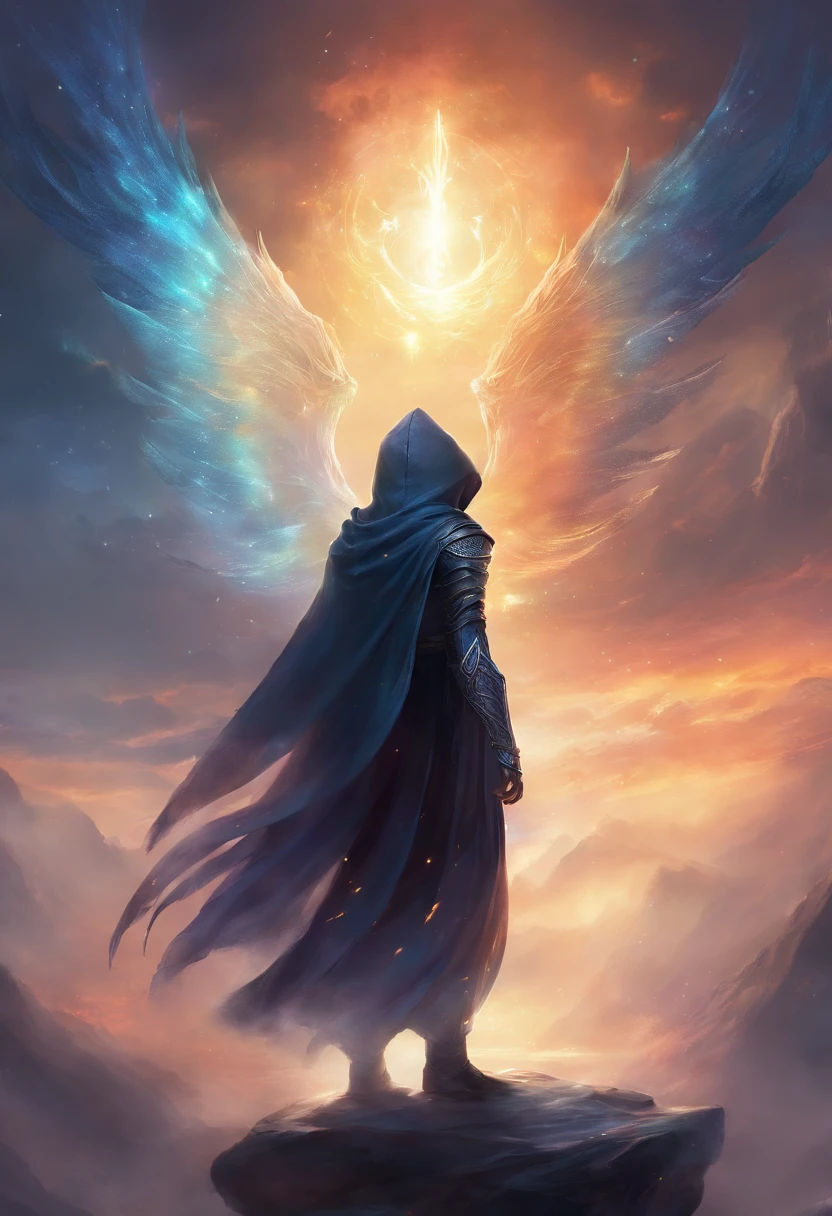 A high-fantasy portrait of a hooded shadowy celestial being with luminous spectral wings on its back that are made completely of glowing light. He is surrounded by necrotic clouds and mist.