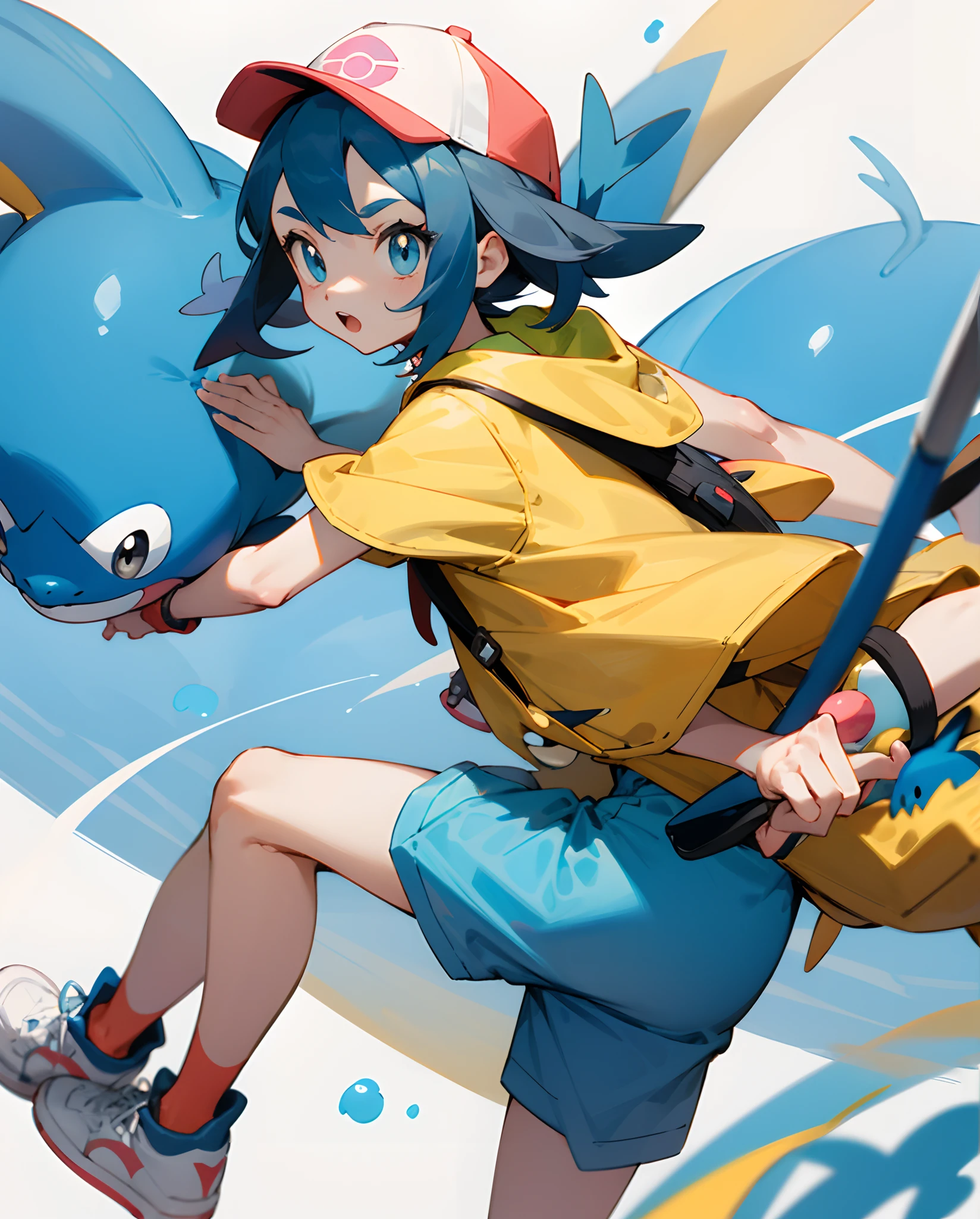 Do then

Pokemon style drawing. Menina cabelo castanho claro, cabelo liso, olhos escuros. Jaqueta turquesa, short azul, white sneakers. Com mochila tye dye. Next to pokemon mudkip.