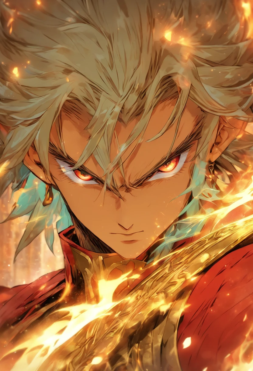 Un personaje masculino de anime con cabello blanco y ojos rojos, character album cover, Arte completo, Antasy character, full art illustration, Retrato completo de Elementalist, Arte de perfil de personaje, Arte oficial del personaje, official illustration of the character, Merlin, Arte oficial de alto detalle, Arte clave del juego, Omoide Emanon, Oz, Mobile Game Art, Colmillos, Pitufo, cana, sin camisa, Cuerpo fuerte, Postura para caminar