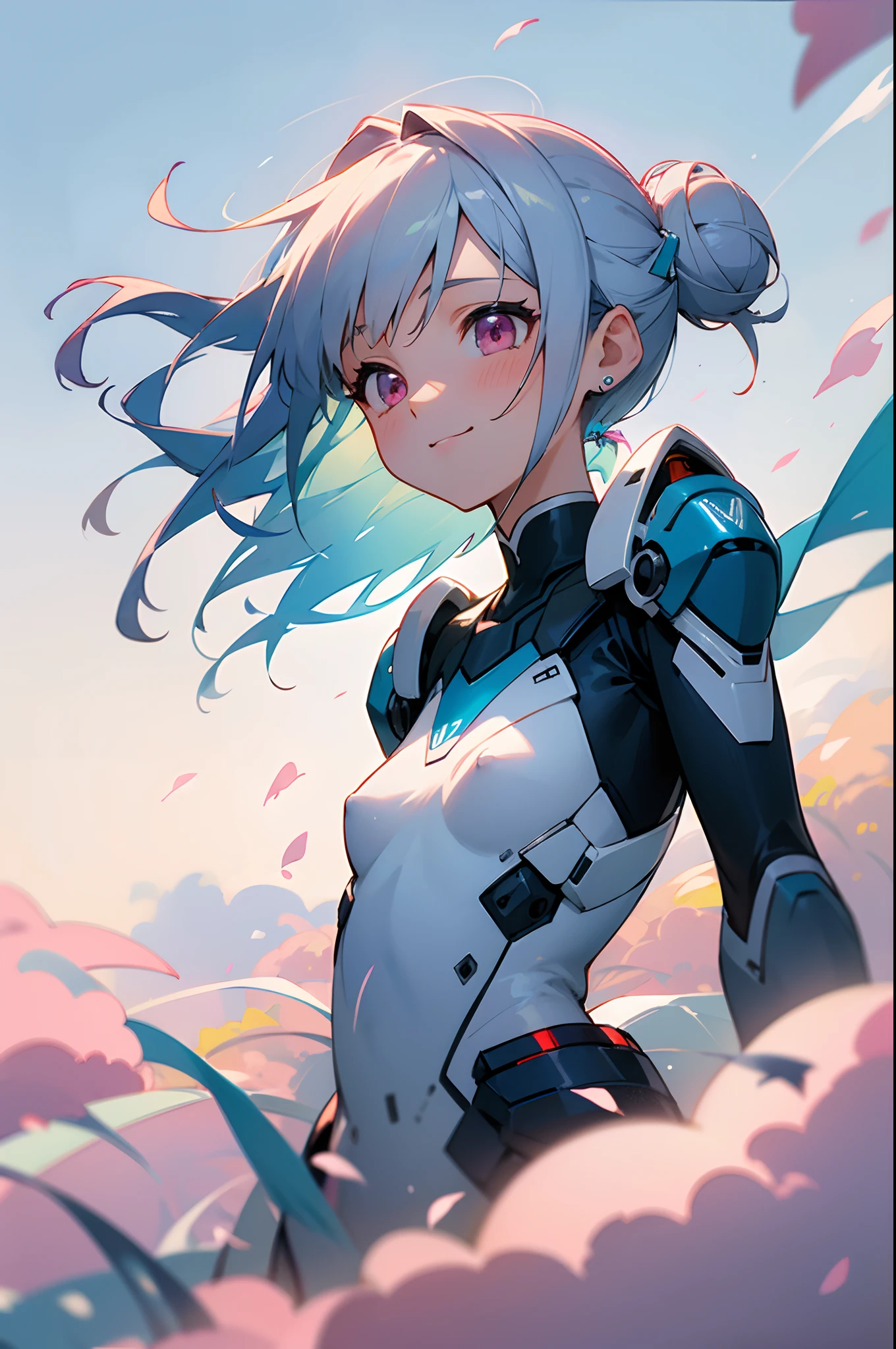 （best qualtiy，tmasterpiece，watercolor paiting，Splash ink），1 Beautiful and delicate portrait of a girl，Playful and cute，Background with:Confetti drifts in the air, Very pastel，Very soft，Short hair with silver bob styled in a bun with hair clip, Pink eyes, small tits、Diamond-shaped dark blue earrings、 Smile,Hair fluttering in the wind，Light blue and silver design，Sony FE 12-24mm F/2.8 grams，Examine brush strokes,, Backlit lighting, full bloom, Fuji colors, kanon, hyper HD, masutepiece, Anatomically correct, Best Quality, Textured skin、looking to side、look up sky、Black futuristic combat suit exposed