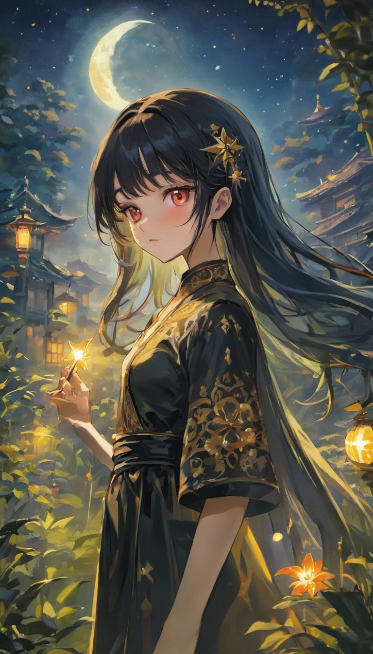 (Best Quality, 4K, 8K, Highs, Masterpiece: 1.2), very detailed, (Realistic, realistic, realistic image: 1.37)،
Illustration, traditional art, bright colors, sharp focus, studio lighting, physical display,
A girl with beautiful detailed eyes, wearing a high ponytail and black hair, stands alone in a vibrant park. Her eyes have a unique yellow pupil that adds a touch of mystery to her appearance.. . The girl wears a traditional outfit that goes perfectly with the vibrant colors of the garden. The image is of the highest quality, with exceptional attention to detail a drawing depicting a girl with tall black hair, wearing a long black dress decorated with symbols of the stars and the moon. She has radiant red eyes and an evil smile. She holds in her hand a long, sharp sword covered in blood. Around them appear falling stars and black clouds to highlight every detail and create a visually stunning effect.