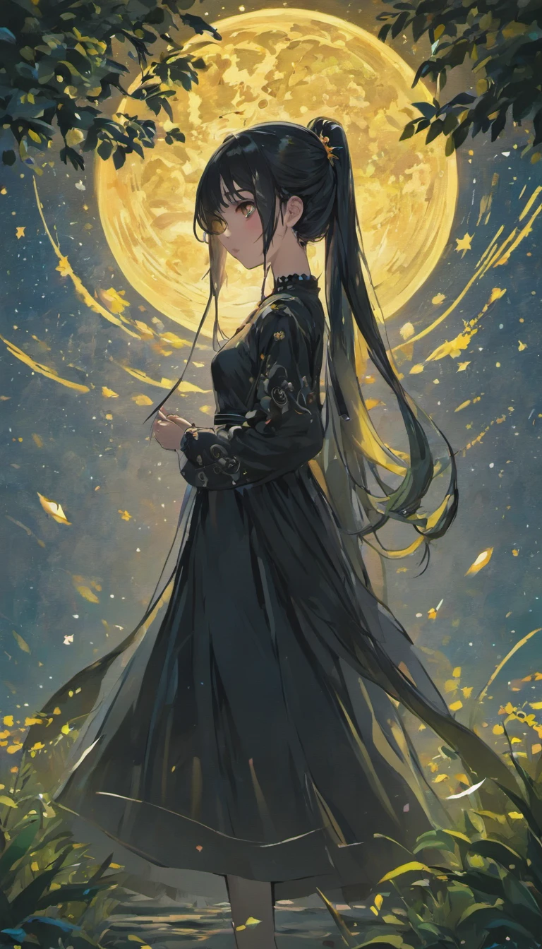 (Best Quality, 4K, 8K, Highs, Masterpiece: 1.2), very detailed, (Realistic, realistic, realistic image: 1.37)،
Illustration, traditional art, bright colors, sharp focus, studio lighting, physical display,
A girl with beautiful detailed eyes, wearing a high ponytail and black hair, stands alone in a vibrant park. Her eyes have a unique yellow pupil that adds a touch of mystery to her appearance.. . The girl wears a traditional outfit that goes perfectly with the vibrant colors of the garden. The image is of the highest quality, with exceptional attention to detail a drawing depicting a girl with tall black hair, wearing a long black dress decorated with symbols of the stars and the moon. She has radiant red eyes and an evil smile. She holds in her hand a long, sharp sword covered in blood. Around them appear falling stars and black clouds to highlight every detail and create a visually stunning effect.