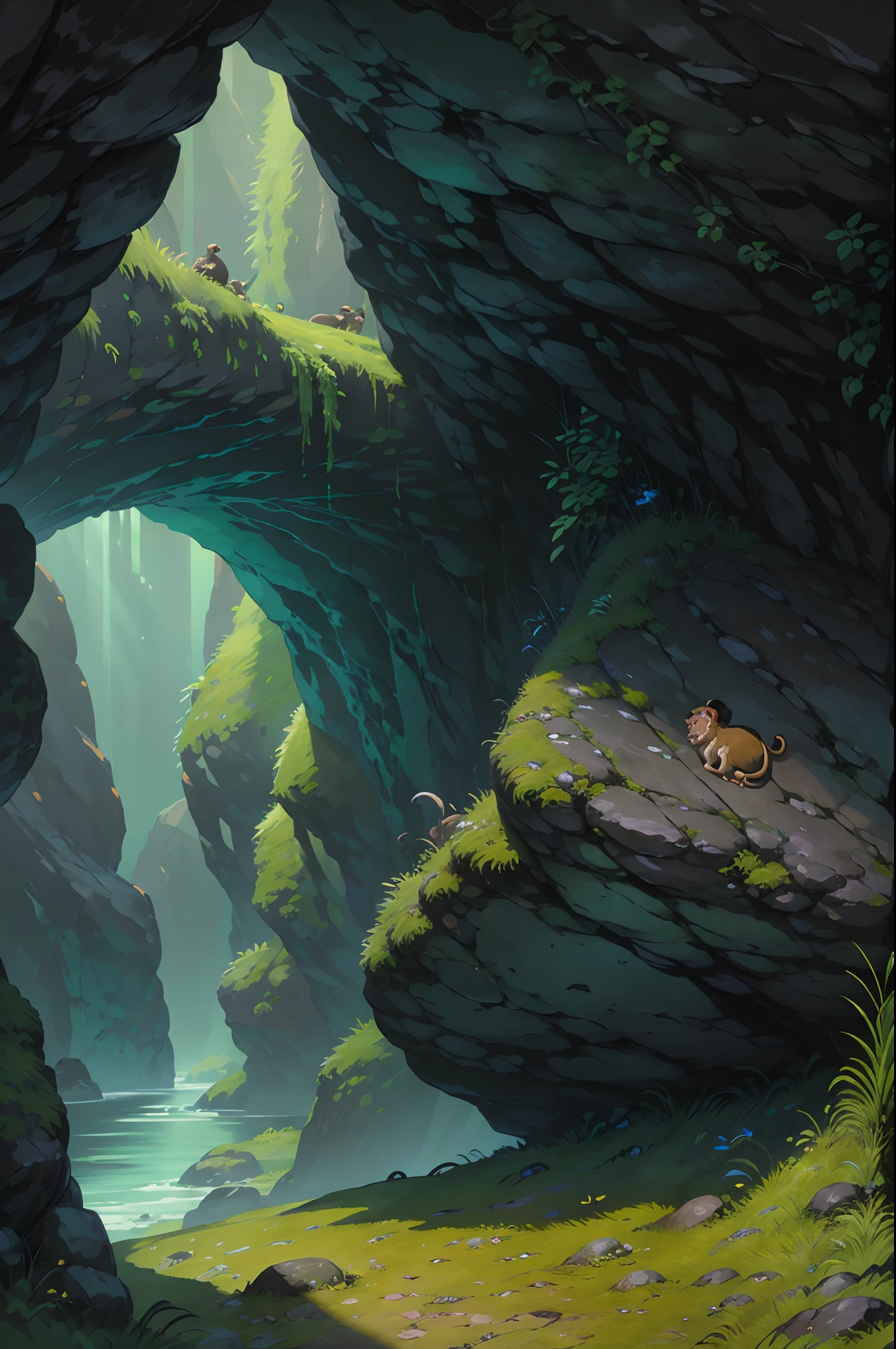 The monkey followed the sound curiously, It found a stone cave covered in moss, There was a rhythmic percussion sound coming from the cavern。（Cartoony, monkeys, Mossy caves, Drumming） --auto