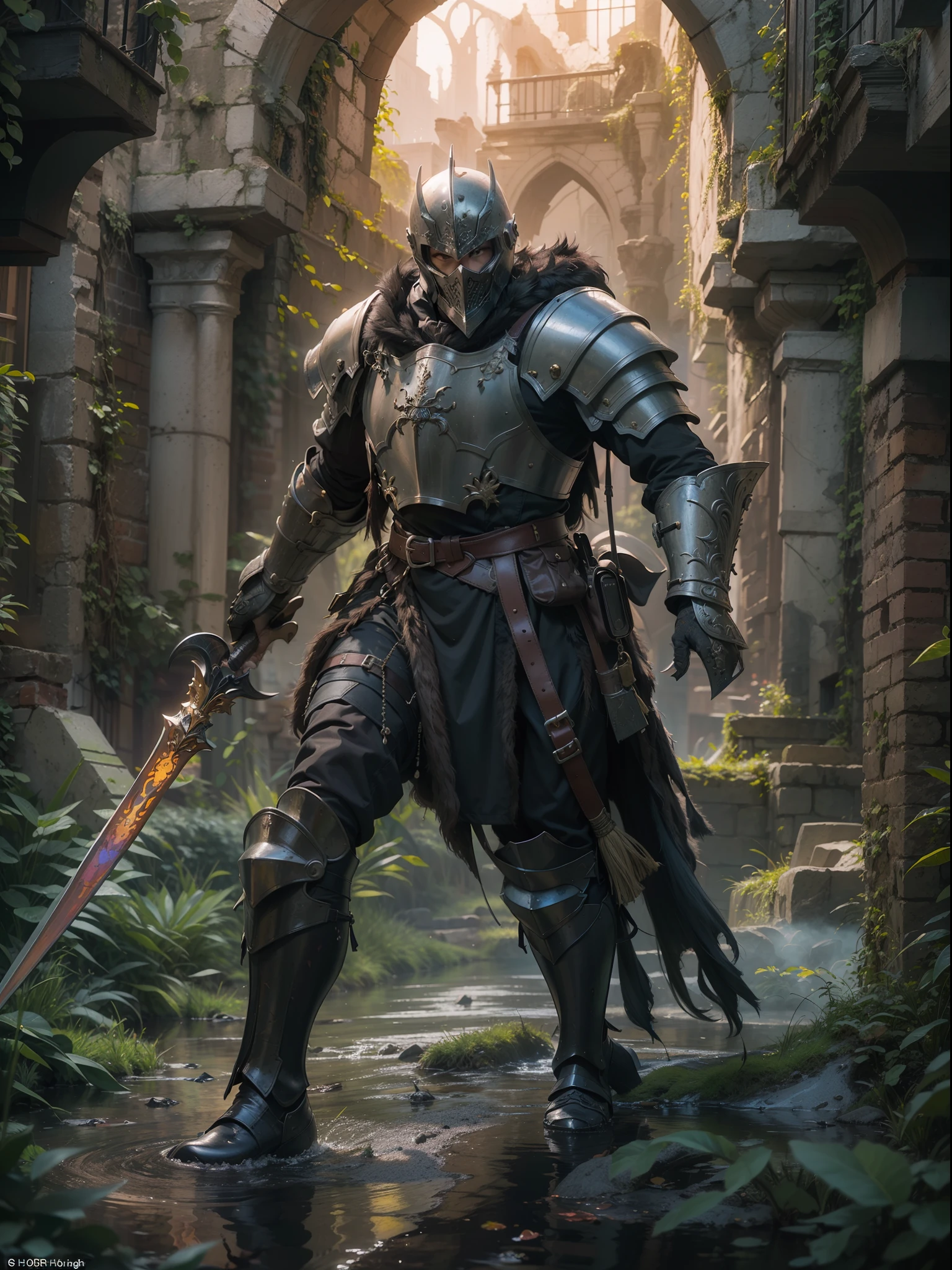 Numerous award-winning masterpieces of, With incredible details, textures and maximum detail, Black leather mask, (skeleton knight), delicate embellishments, (Black full body armor，Exquisitely decorated), (((Not wearing a helmet))), (((full-body portraits))), ((head looking up)), ((Looking down)), (((full-body standing image))), (dramatic pose), (Strong posture), (Beautiful pose),  Spider on armor, Black blade in hand, Strong warriors, Agile Warrior, ((medieval world)), fantasy, ((Dramatic photo)), ((dynamic photo)), Full body view, Highly detailed, Ultra-realistic, Intricate details, Painting (artwork of a), ((Masterpiece,Best quality)), ((Cinematic light)), Ultra photo realsisim, fearsome, Dark fantasy, Detailed armor, Detailed helmet, epic realistic, Faded, ((com cores neutras)), , (hdr:1.5), (pastel colour:1.2), ultra - detailed, (Art Station:1.5), Cinematic, warm lights, Dramaticlight, (Intricate details:1.1), the complex background, (greg rutkovsky:0.8), (Teal and orange:0.4), Old ruins infested with plants,Ruins of an old castle, In the dungeon, Ancient Castle Site, Abandoned mine, Deserted ruins, crumbling ruins, Ruins with clear puddles, Ruins with clear ponds, Ruins with clear calm water, Twilight, Sunset, Dusk, wavelets, ripple on water, running water, battlefield,