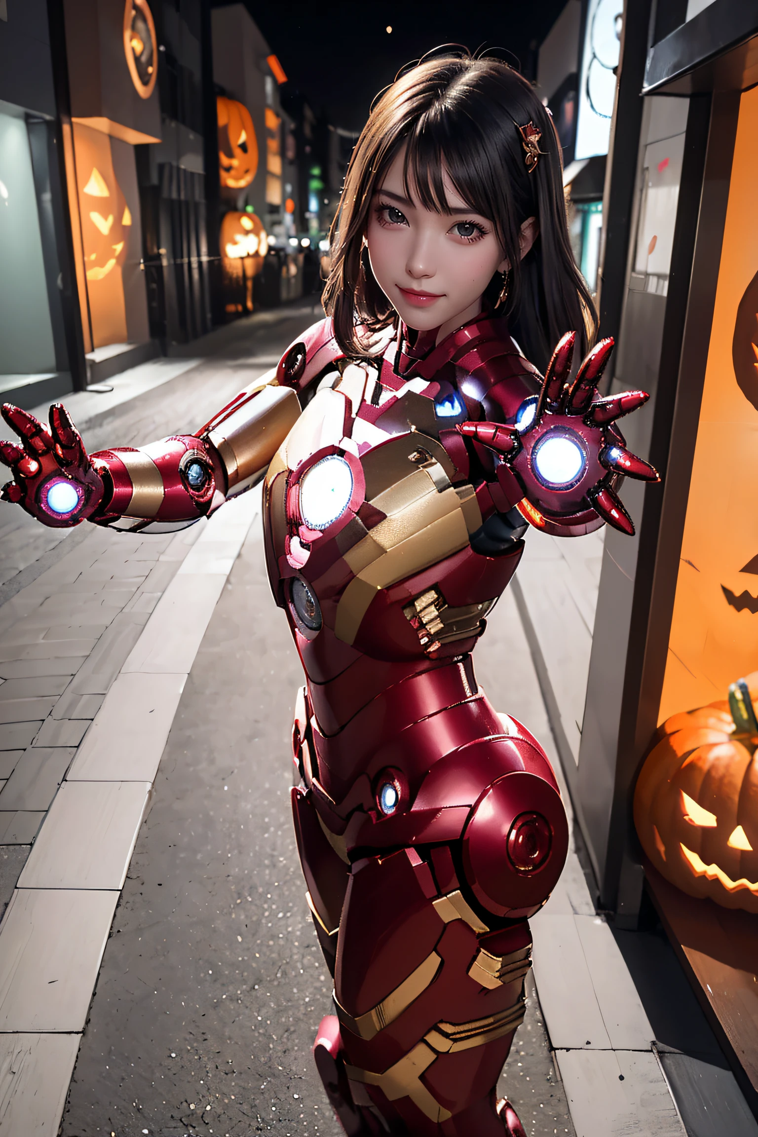 masterpiece, top-quality, top-quality, Beautifully Aesthetic:1.2, 1girl, Halloween night, ((Wearing a high-quality Ironman suit):1.2), high detailed, (Standing with Selfie pose that reaching out:1.3), large breasts, firm breast, nicely shaped breasts, slender figure, 
((Dark Brown Hair)), wavy hair, ((short hair:1.2)), 
BREAK 
((in A modern street of decorated for Halloween in Shibuya at late night:1.3)), (Upper body shot:1.1), (From side:1.2), (Focus on face:1.1), ((looking at viewer:1.2)),