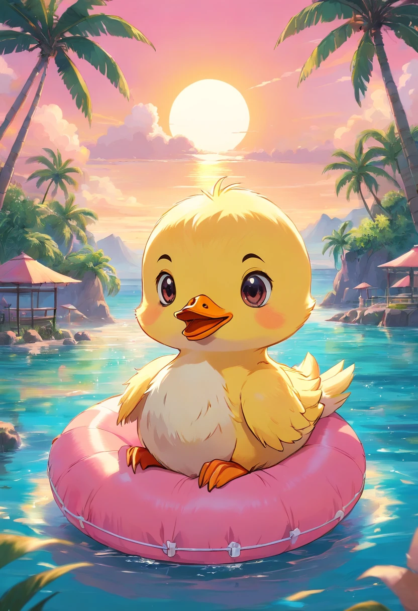 Cute duckling in an inflatable circle, Beautiful sea, Sunset in pink tones , Against the backdrop of an island with palm trees