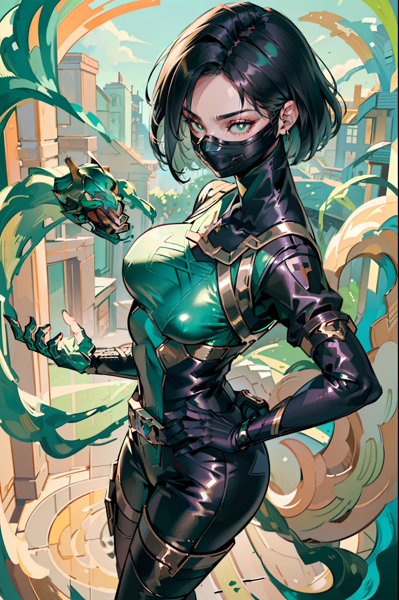 (masterpiece, best quality, close up, half body shot, perfect face), 1girl, viper from valorant, viper valorant, (perfect hands), (black hair, short hair, long bangs, wearing nurse cosplay, toned body, looking at viewers, ((wearing metallic face mask)), green pupils), green smoke in the background, sexy body, large breasts, shiny clothes