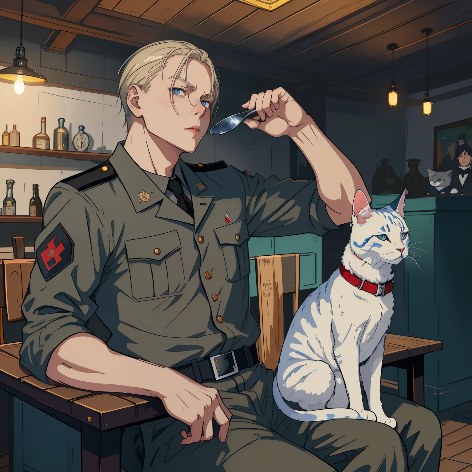 russian,German,Aryan,SlayanAnime character sitting at table with cat, artwork in the style of guweiz, inspired by Armin Hansen, anime maid ss military, trending on artstation pixiv, by Yoshihiko Wada, knight, at pixiv, Kanaoka Hair, guweiz on pixiv artstation, Tom in Finnish