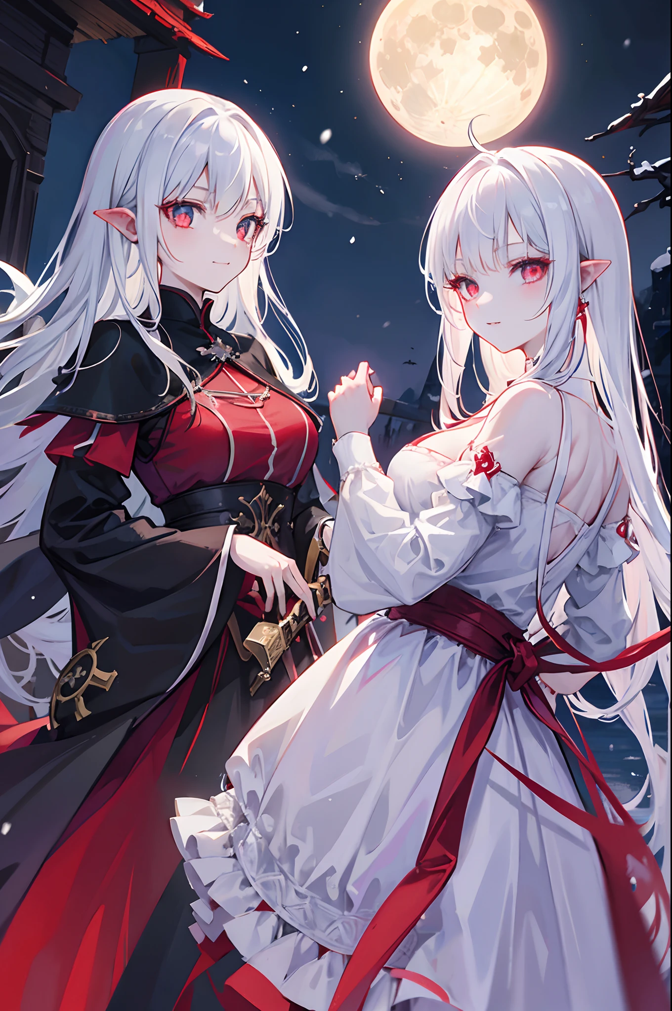 Middle Ages style。gothuic vampire。(Two age girls,twincest,Evil smile,Red pupils,holdingweapon,snow white hair,fang,Huafu,Clear eyes,Dress modestly).【enviroment:Full moon night,On the cliff,The wind howled】Sense of speed