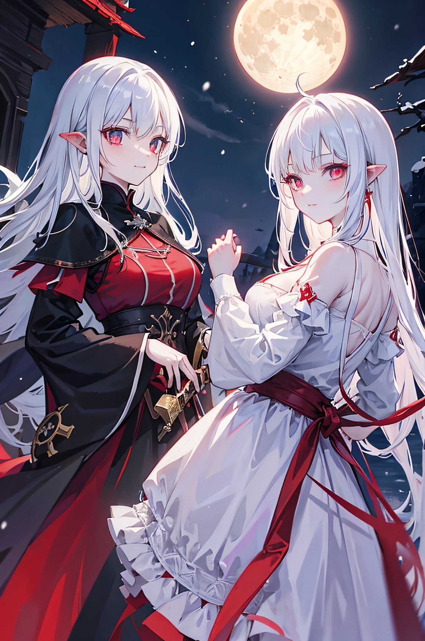 ((woman, bare breasts, brown maxi skirt with a rope like lace, shaved maxi skirt, small breasts, ((very long white hair with shags, red eyes, hopeless face)),((standing, 1 arm behind back)), in a haunted forest at night,