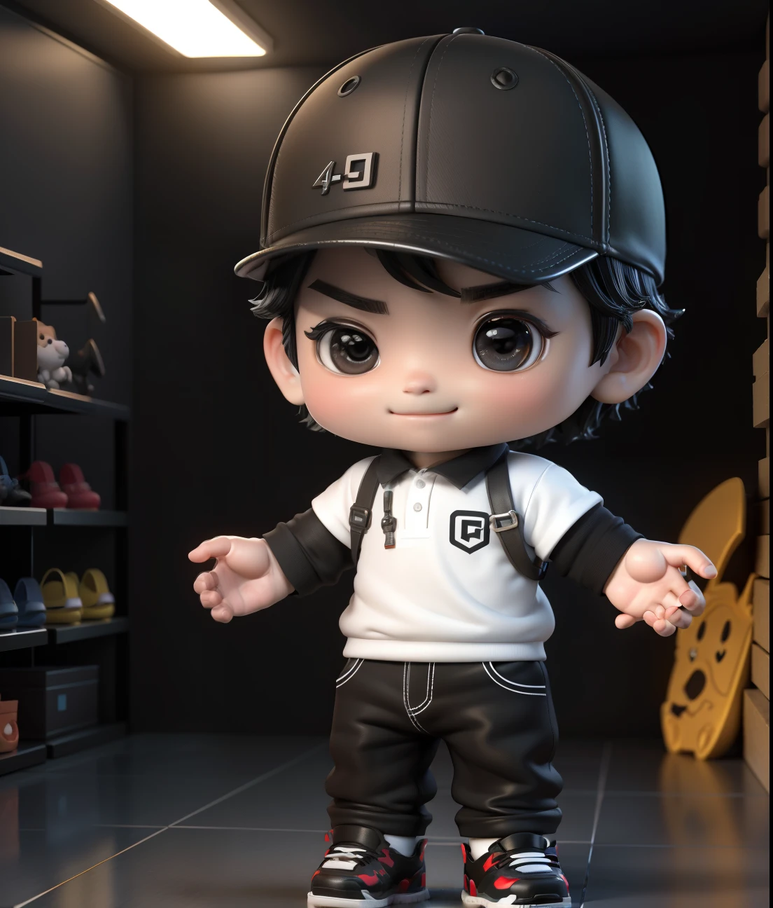 ((Masterpiece, Best quality)),(Complex lighting),,Solo, Smile, Black eyes, Black hair, 3D toy, 3D rendering of, ip, Cyberpunk Style, tchibi, Cute **********, chibiStyle, 4 year old, Hat, White background, full bodyesbian, Male focus, shoes, Pants, polo, baseball cap,