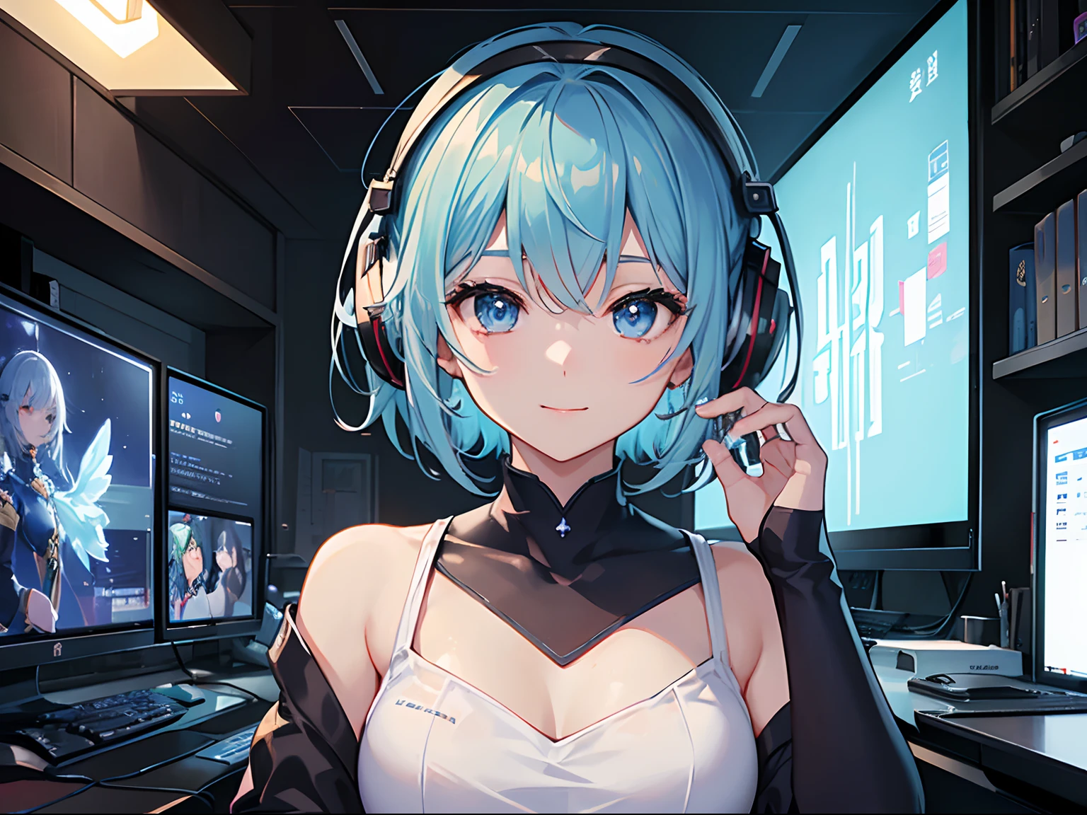 highest quality, Best image quality, girl, 20 years old, medium bust, plump breasts, sparkling amber eyes, aqua eyes, eye reflection, long upper lashes, (((rainbow hair))), long messy hair, Wavy, Top ponytail, ((Black  sexy strapless short tube top)), leather jacket, (white denim hot pants), ((Black thigh socks)), Smile, glowing headphones, Diamond earrings, wristband, necklace, ring, ((squat on the chair)), in front of a computer, Playing video games, Leaning forward, Open one shoulder, elated, mouth biting bread, Look at the computer, light blush, beautiful art, background((Hacker Room, Server room, neon lights, braces, notebook)), flight, Debris flying, writing border depth, Movie, visual art, Perfect art, real, Verism, anime style, glowing light, cinematic lighting, chiaroscuro, ray tracing, 8K, masterpiece, super textured skin, super detail face, perfect face, Super fine facial details, beautiful and delicate eyes, perfect eyes, correct limbs, correct figner, super detail figner, best hair quality, best clothing quality, best prop quality