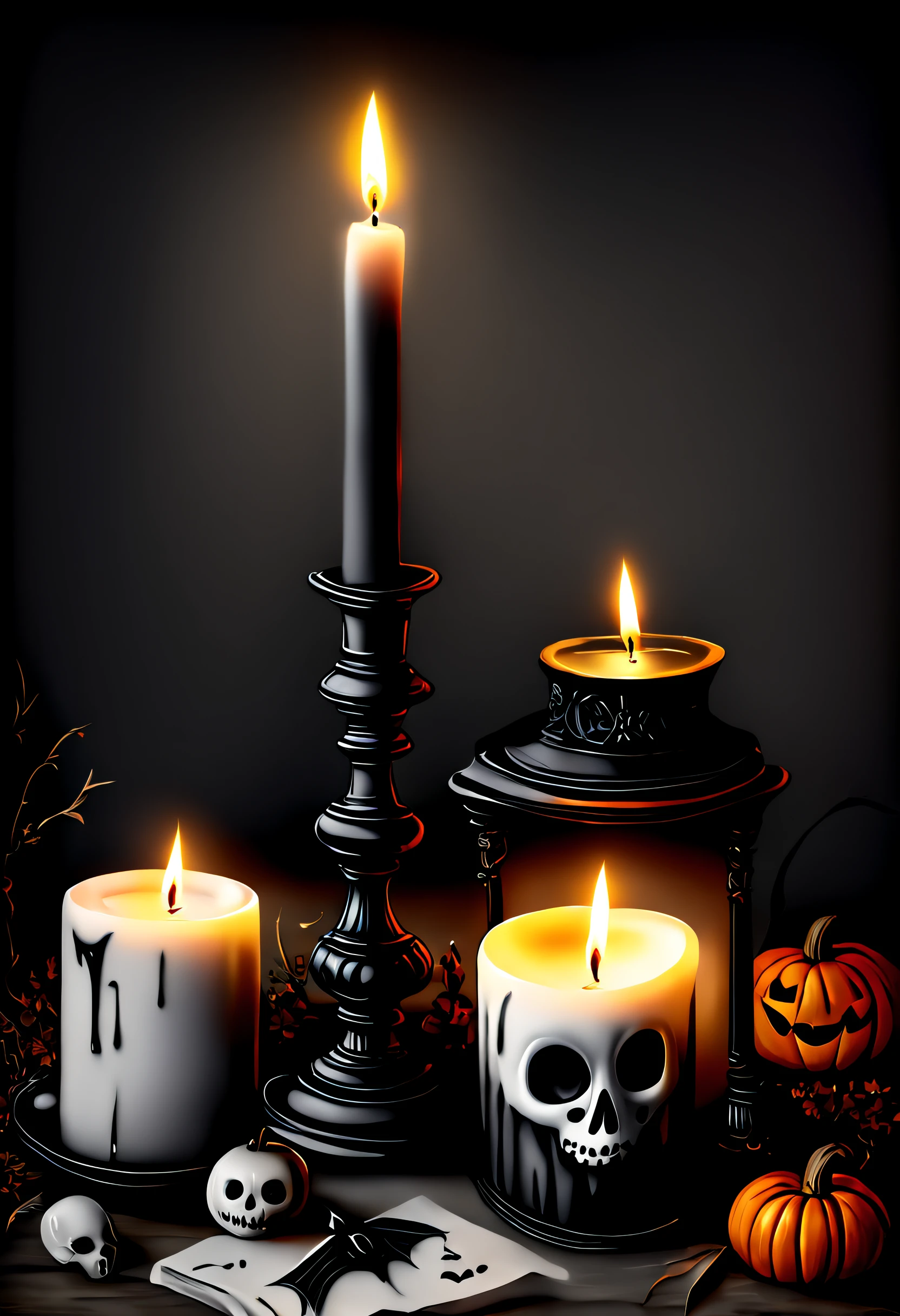 (Best quality,4K,8K,A high resolution,Masterpiece:1.2),Ultra-detailed,(Realistic,Photorealistic,photo-realistic:1.37),Black and white painting,A candle in the center of the picture,Halloween elements,Mourning,sadness,faded memories,Funeral, waxy candles,memorial,The composition is simple and reasonable
