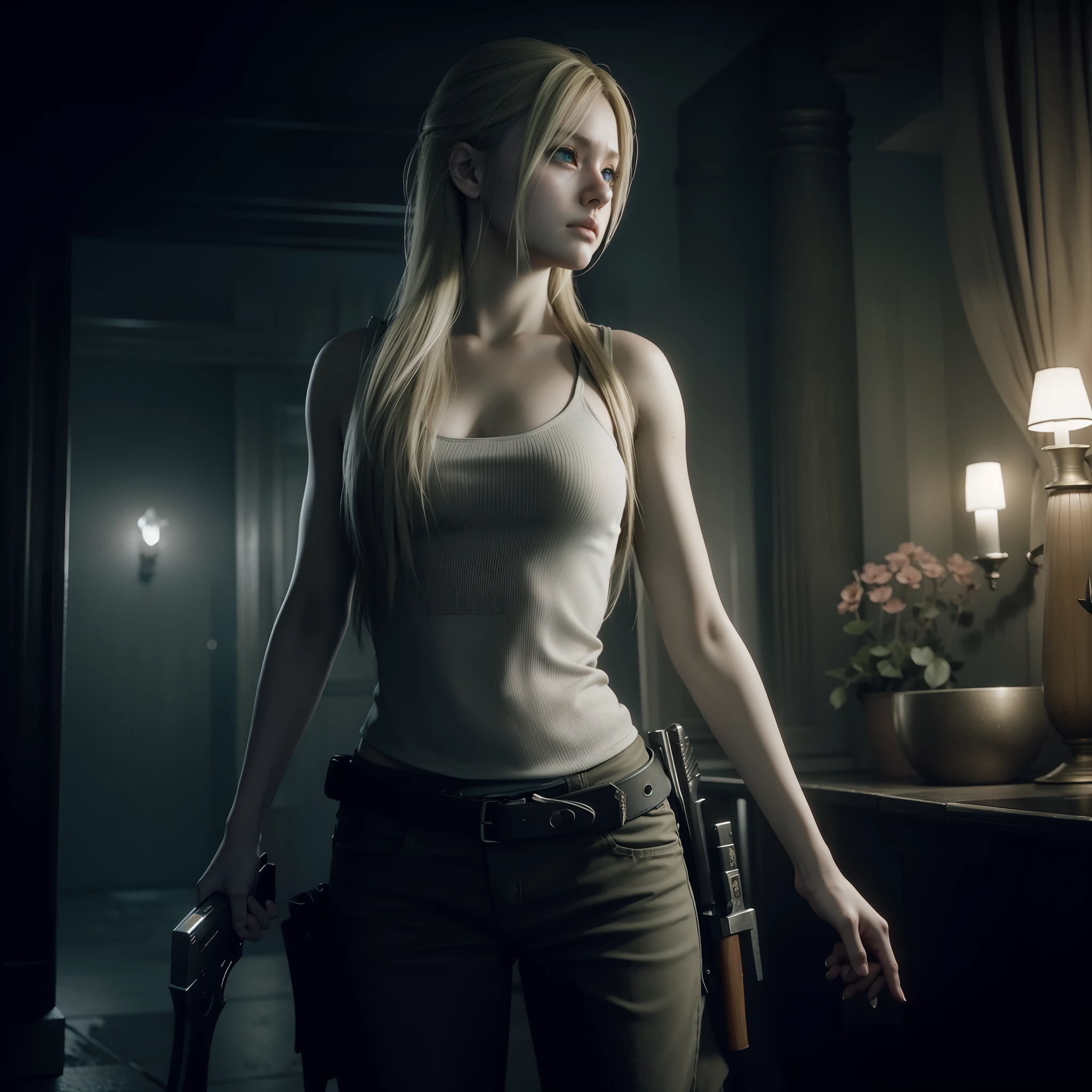 Best quality, photorealistic , long blonde hair, holding a weapon, glare expression, by unreal engine