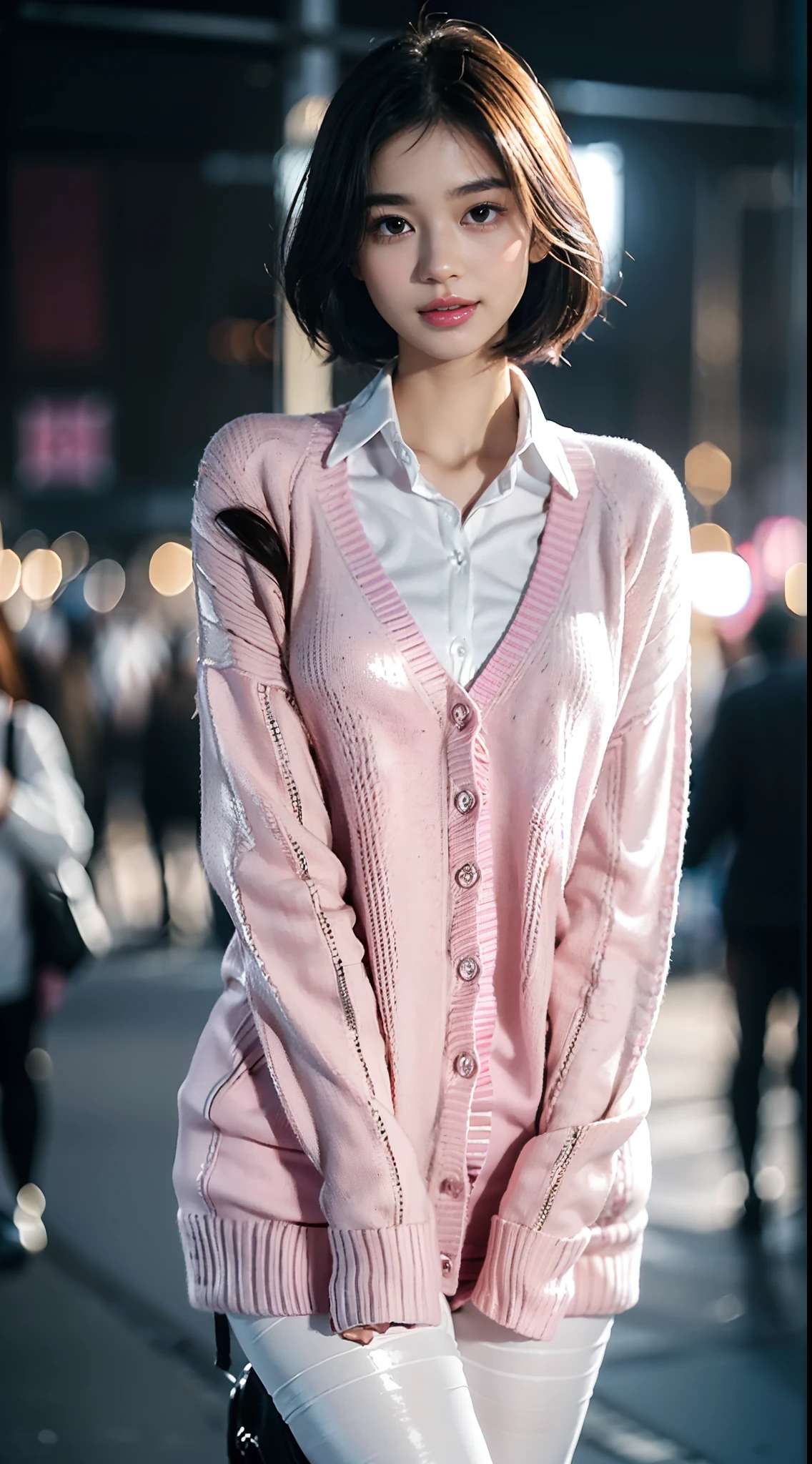 (shoulder length straight short black hair:1.0), （Extremely meticulous CG 8k wallpaper),16k,(Extremely refined and beautiful），（Masterpiece），（best qualtiy：1.0），（Ultra High Resolution：1.0），beautiful light up，Perfect lightning，realistic shaded，[A high resolution],(Smooth and flawless fair skin:1.5),(shiny skin:1.5),Extremely exquisite facial details,(perfect body：1.1),ultra - detailed,A beautiful girl,small head,(Small breasts:1.1),Flat chests，slim，thin，Smile，cheerfulness,(Pink cardigan sweater:1.5),(white collared shirt:1.3),(black pantyhose:1.4),(black sneakers:1.2),slender legs,(nightfall:1.5),Sunset light,(Surrounded by a crowded crowd:1.5),At the school gate,standing,from front,close-up of her upper body