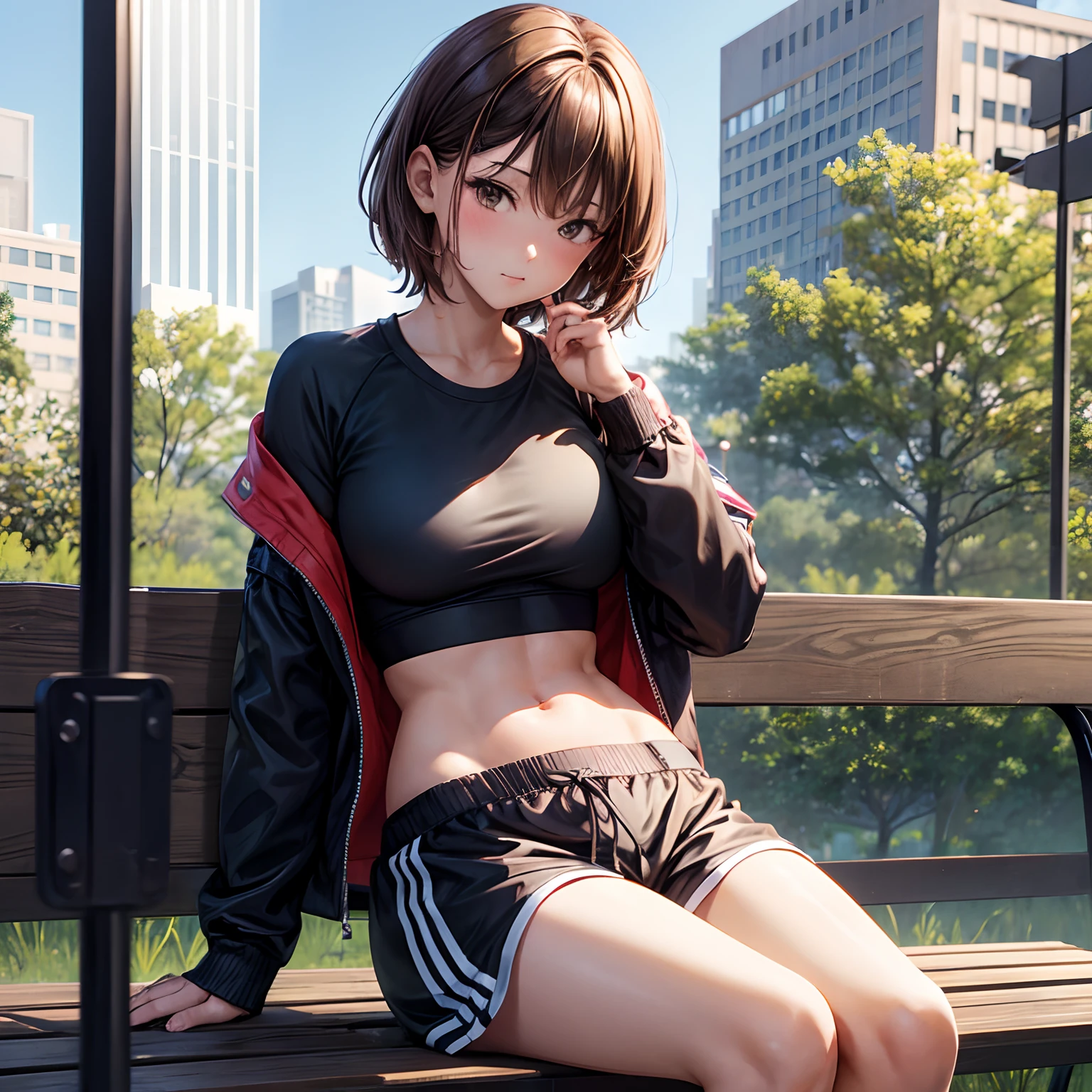 (a woman straddling to hit her crotch from over clothes onto the vertical edge of the bollard pole), (drooping eyes, realistic skin, swollen areola), exercise wear, hoodie, ecstasy, in the park, bench, pond,