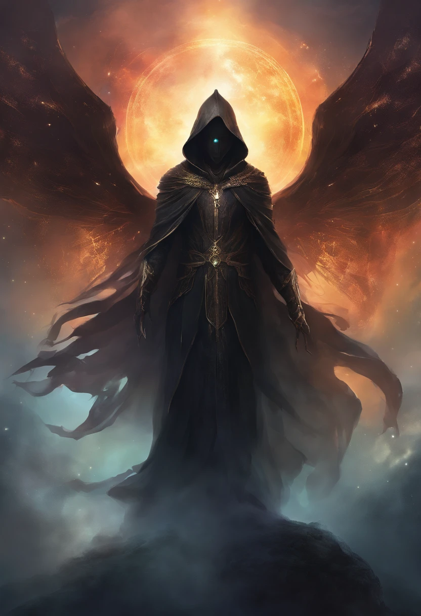 A high-fantasy horror portrait of a hooded shadowy celestial being with luminous spectral wings on its back that are made completely of glowing light. He is surrounded by dark necrotic clouds, fog and mist.