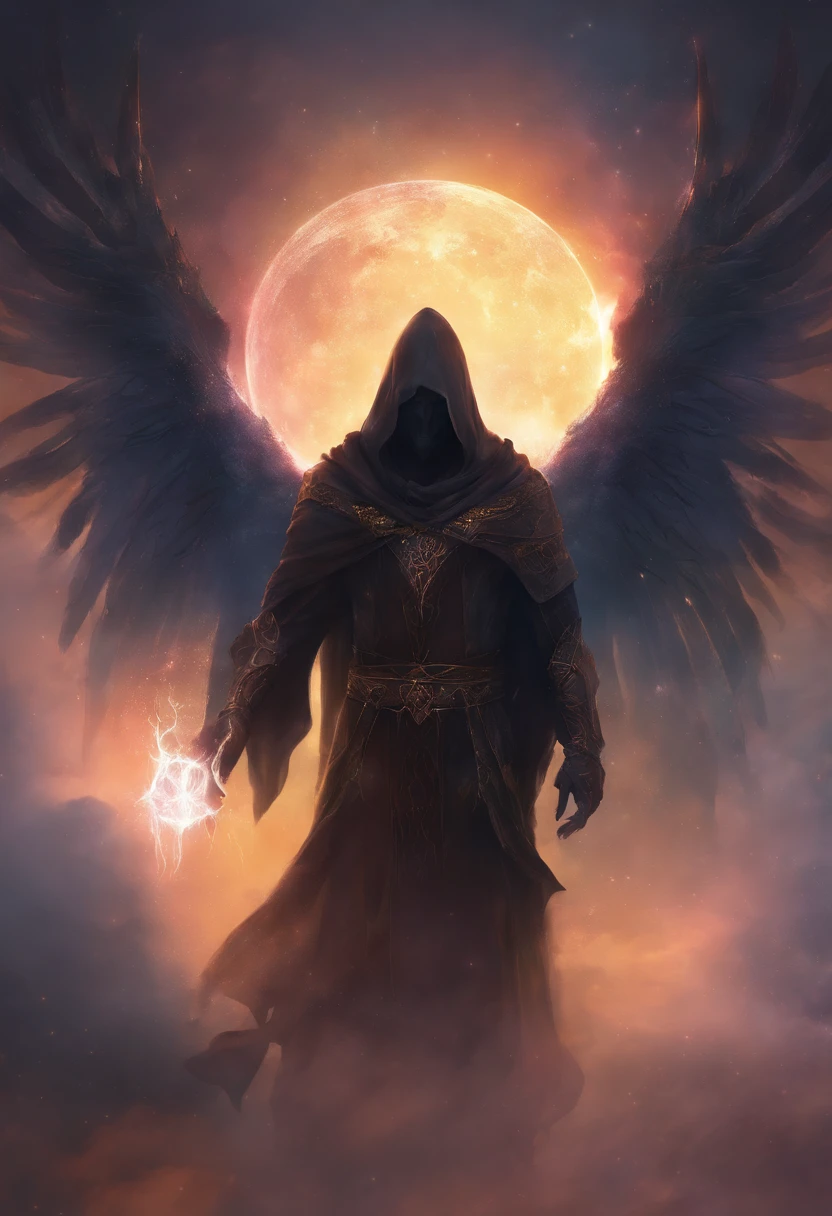 A mysterious being wearing a hood, the right half is white and the other half is black. On the white side, he has angel wings, but on the black side, he has demon wings. He has a halo with a pentagram on his head. He is flying. He wears a mask. On one side, he is happy and on the other, he is sad. He is flying in a desolate place. The image must be in anime.