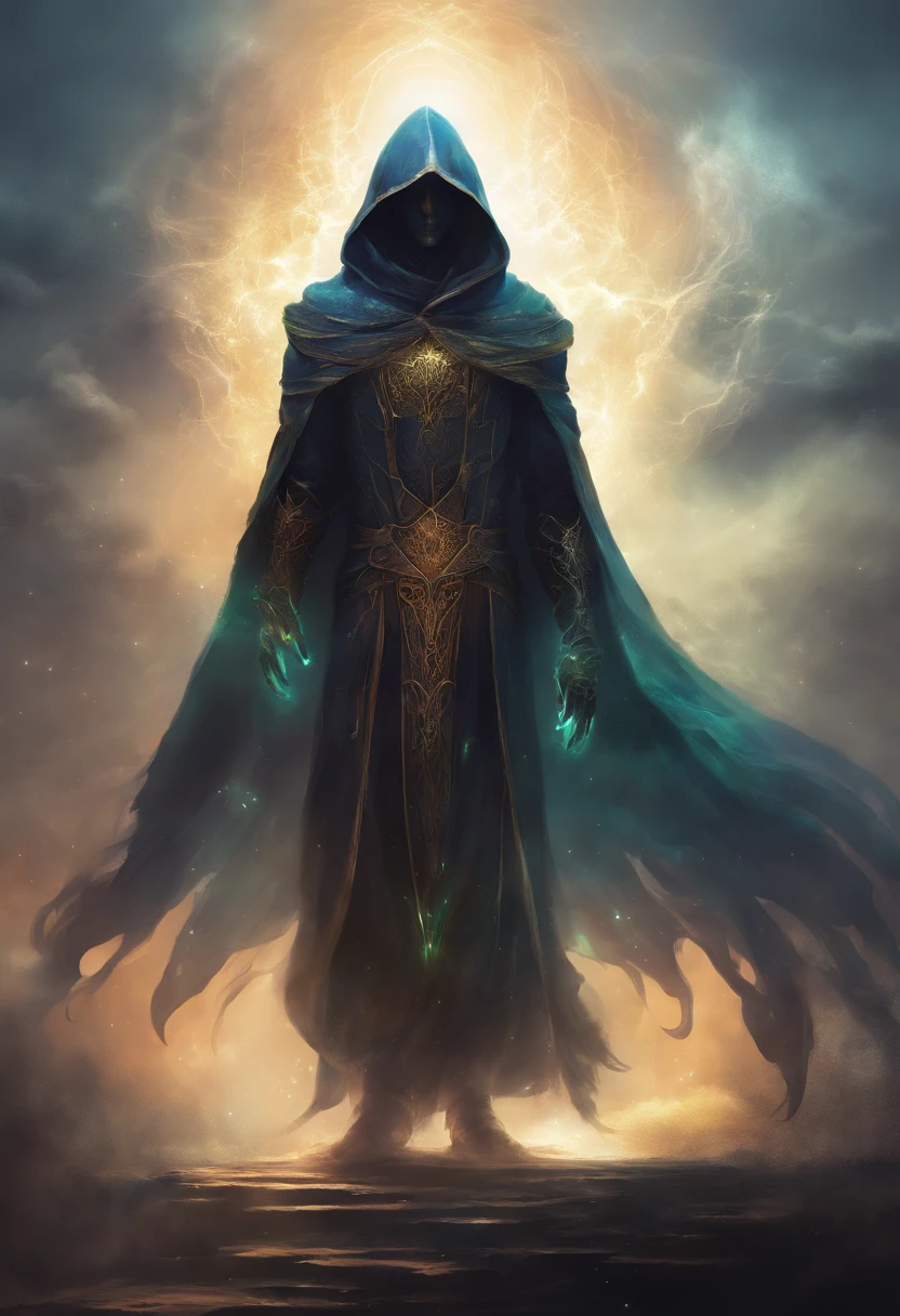 A high-fantasy horror portrait of a hooded shadowy celestial being with luminous spectral wings on its back that are made completely of glowing light. He is surrounded by dark necrotic clouds, fog and mist.