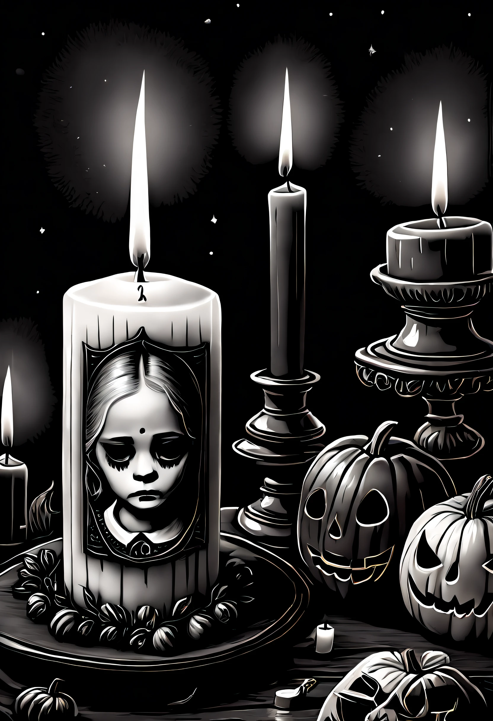 (Best quality,Ultra-detailed,photo-realistic:1.37),black and white drawing, 1 candle，silence，devout，Halloween elements, Mourning, sadness, Lingering memories, mourning apparel, Funeral，The composition is simple and reasonable