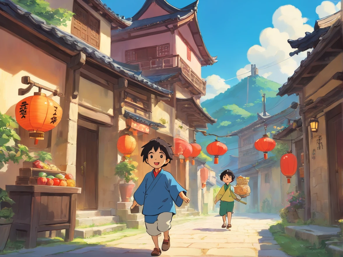 A little boy with short black hair,Wear the clothes of ethnic minorities,laughing very happily,Both hands were full of gifts,There were small snacks,the fruits,toys,In the background is walking in the square of the village,There are people coming and going,and the sun was shining brightly,There are several houses in ancient Chinese villages,The picture quality is clear,The characters are vivid