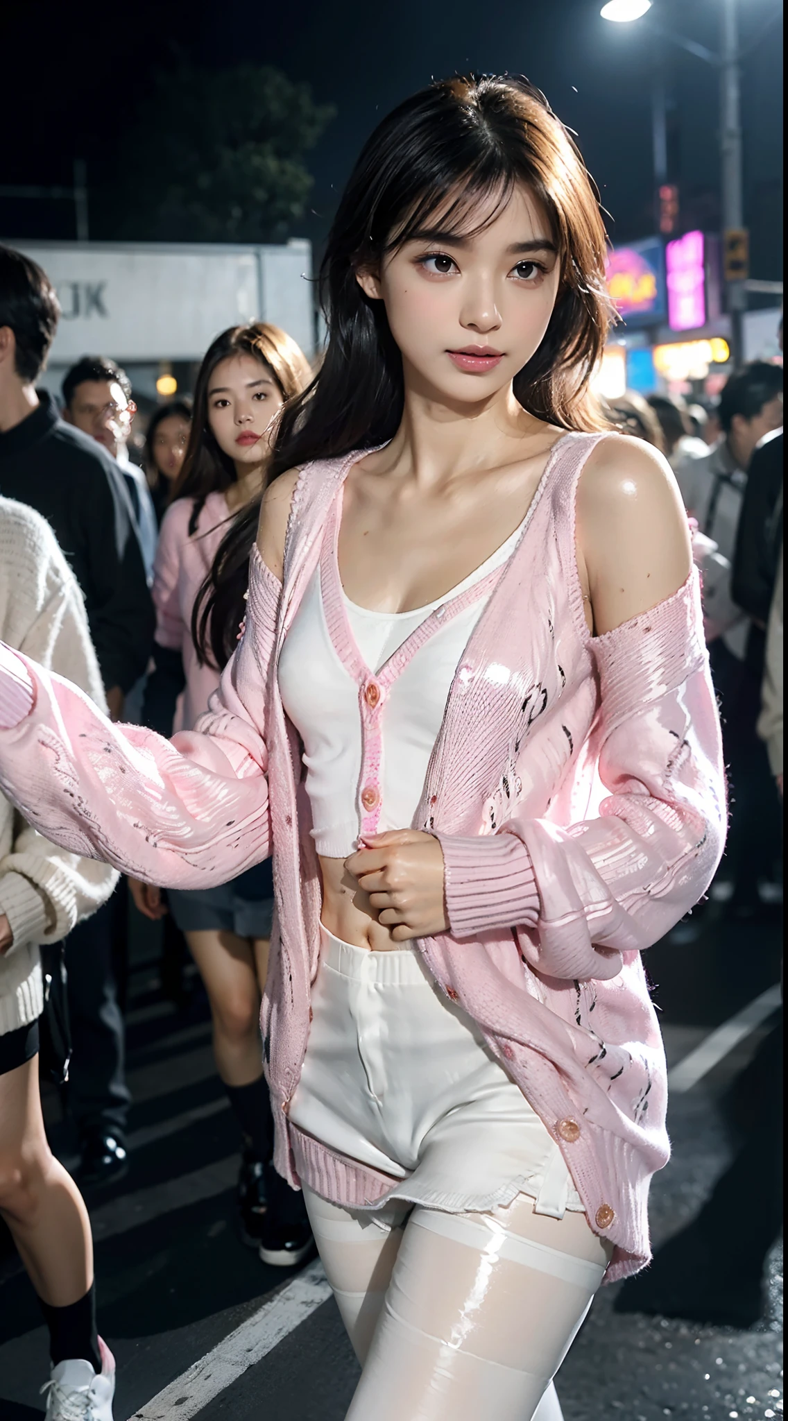 (shoulder length straight short black hair:1.0), （Extremely meticulous CG 8k wallpaper),16k,(Extremely refined and beautiful），（Masterpiece），（best qualtiy：1.0），（Ultra High Resolution：1.0），beautiful light up，Perfect lightning，realistic shaded，[A high resolution],(Smooth and flawless fair skin:1.5),(shiny skin:1.5),Extremely exquisite facial details,(perfect body：1.1),ultra - detailed,A beautiful girl,small head,(Small breasts:1.1),Flat chests，slim，thin，Smile，cheerfulness,(Pink cardigan sweater:1.5),(white collared shirt:1.3),(black pantyhose:1.4),(black sneakers:1.2),slender legs,(nightfall:1.5),Sunset light,(Surrounded by a crowded crowd:1.5),At the school gate,standing,from front,close-up of her upper body