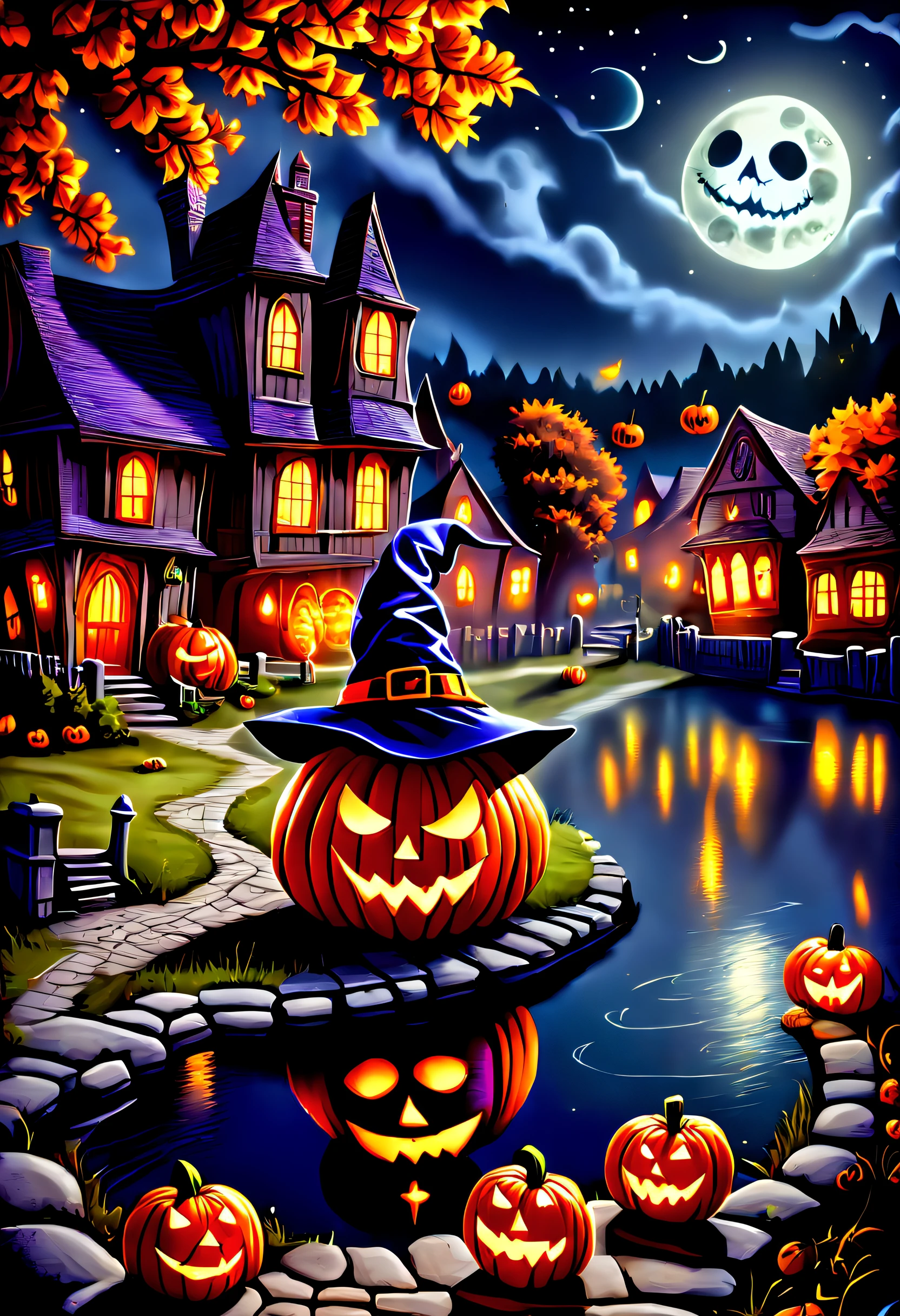 (Best quality,4K,8K,A high resolution,Masterpiece:1.2),Ultra-detailed,(Realistic,Photorealistic,photo-realistic:1.37),Tom and Jerry Halloween night,Red Moon,Castle,pumpkins,the bats,waxy candles,Shining stars,forest,Enigmatic Atmosphere,Costumes,Laughter,Playful chase,Spooky shadows,Haunted atmosphere,Fireworks,wind blowing leaves,jack-o-lanterns,The full moon is reflected on the lake,The witch's broom,Flying ghosts,spiderwebs,moonlit sky,mysterious darkness,Dimly lit streets,Laughter echoed in the distance,Smoke rising from the cauldron,ghostly figure,Dark Alley,A trick-or-treat bag full of candy,The joy of not giving candy and the person who tricks or treats without candy,Giggling witches,Playful pranks,Glowing eyes in the dark,Crackling crackling,Witch hat and cape,Pleasant panic,Whimsical pumpkin patch,fancy dress,Hidden surprises,Excitement in the air,Eerie stories whisper around the campfire,Lively Halloween decorations,Magic spells and potions,Unforgettable music.