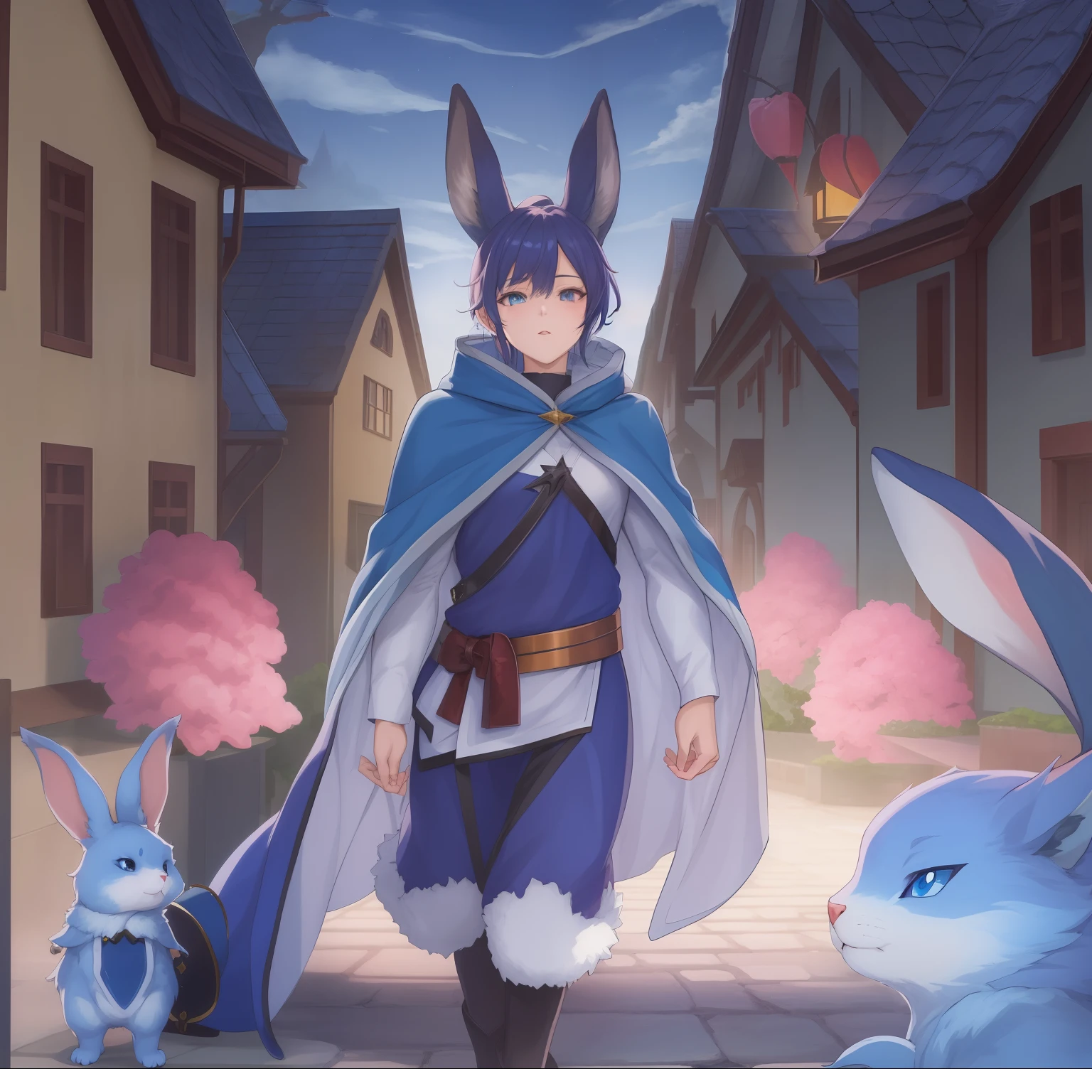 Top image quality、top-quality、​masterpiece、8K、Anime character with cloak and rabbit in the city, Dressed in a blue cloak, official fan art, Commission for high resolution, one blue ) and huge bat ears, fursona furry art commission, detailed fan art, rabbt_Character, very very beautiful furry art, anime in fantasy style, Official art, official character illustration, furry art!!!