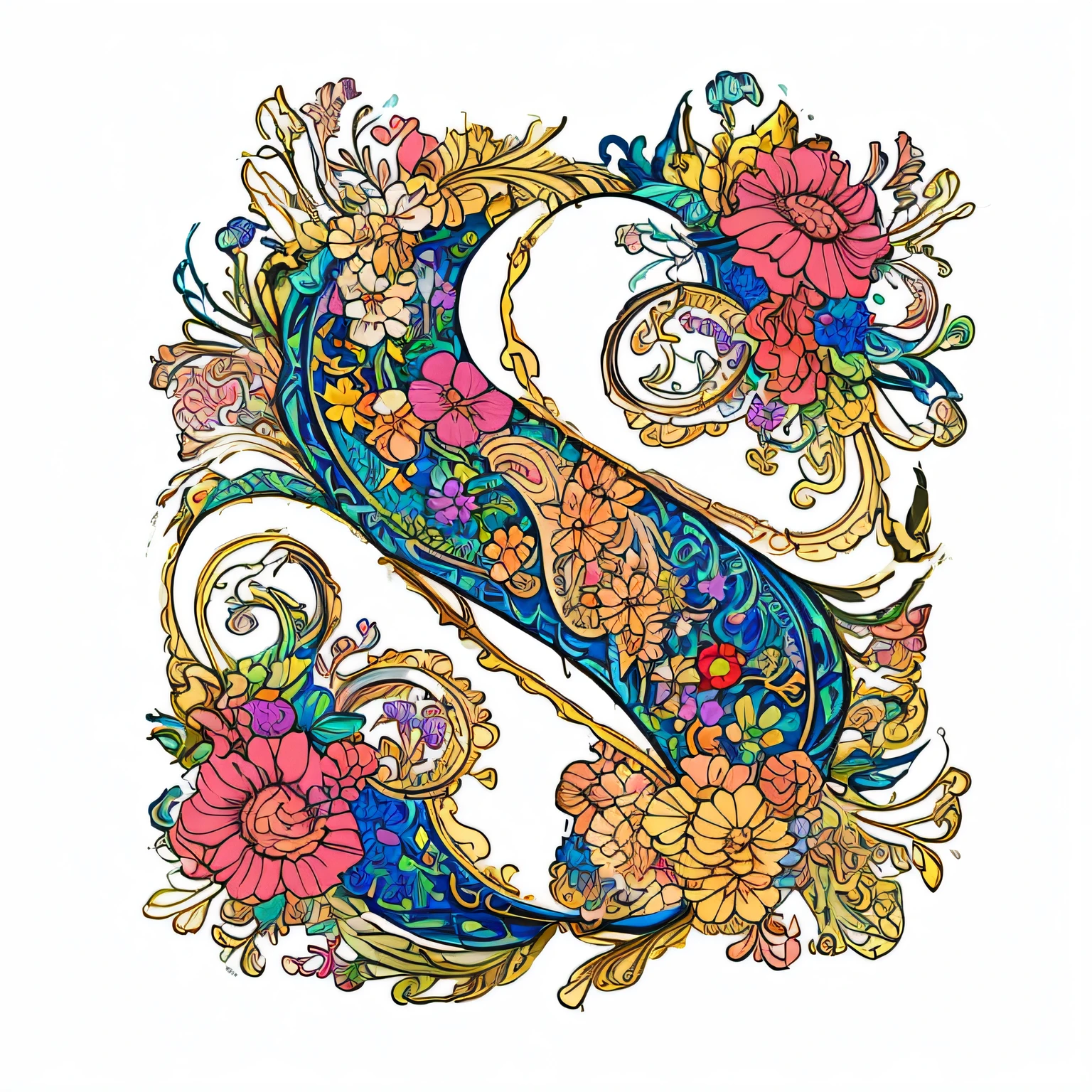 a drawing of a floral letter s with a swirly design, letter s, colored illustration for tattoo, richly detailed colored, coloring book style, super detailed color art, colored illustration, highly detailed and colored, colorfull illustration, colored in, highly intricate and colorful, clean coloring book page, very detailed and colorful, style lettering, stylized linework