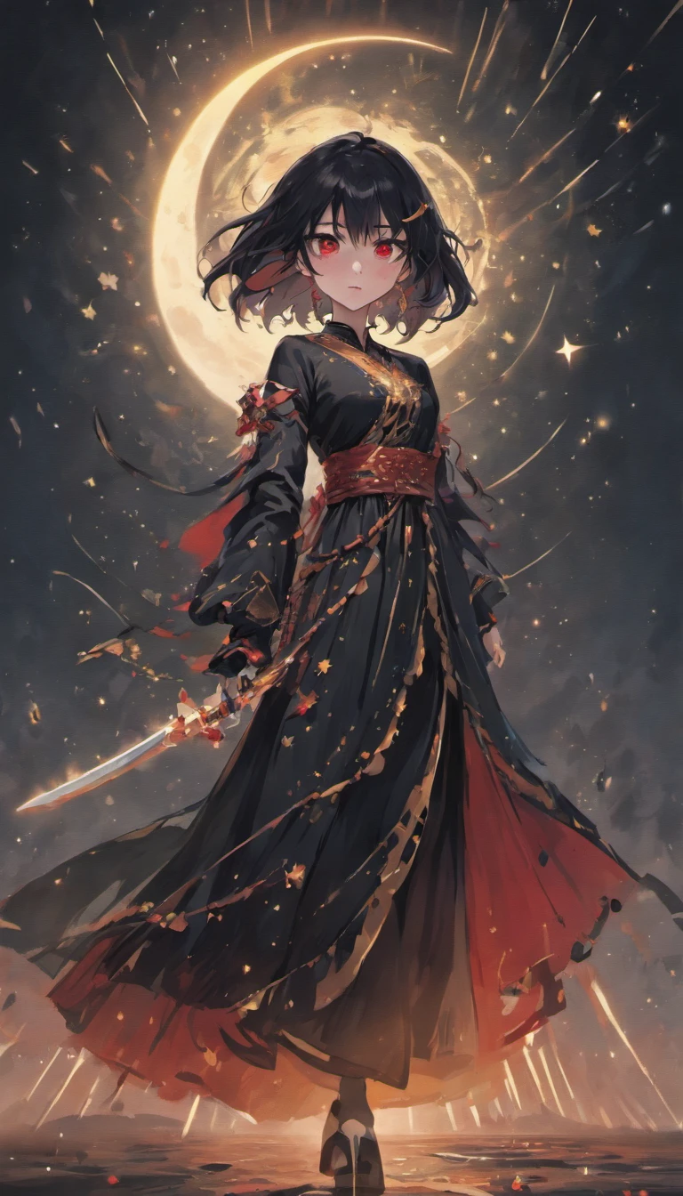 (Best Quality, 4K, 8K, Highs, Masterpiece: 1.2), very detailed, (Realistic, realistic, realistic image: 1.37)،
Illustration, traditional art, bright colors, sharp focus, studio lighting, physical display,
A girl with beautiful detailed eyes, wearing a high ponytail and black hair, standing alone . Her eyes have a unique yellow pupil that adds a touch of mystery to her appearance.. . The image is of the highest quality, with exceptional attention to detail a drawing depicting a girl with tall black hair, wearing a long black dress decorated with symbols of the stars and the moon. She has radiant red eyes and an evil smile. She holds in her hand a long, sharp sword covered in blood. Falling stars and black clouds appear around them to highlight every detail and create a visually stunning effect with dark devilish energy and blood