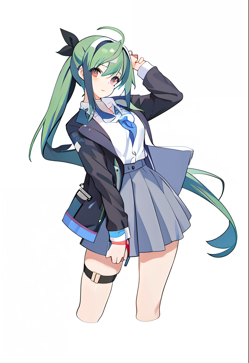 anime girl in a school uniform posing for a picture, mikudayo, Anime moe art style, Kantai collection style, official character art, Anime girl with green hair, Black pick dye,Long hair with a single ponytail, Beautiful Anime High School Girls, Marin Kitagawa fanart, zerochan art, 《Ghost Wind Special Assault Team》The art of pixels, rei hiroe, The black butterfly ends with a headband