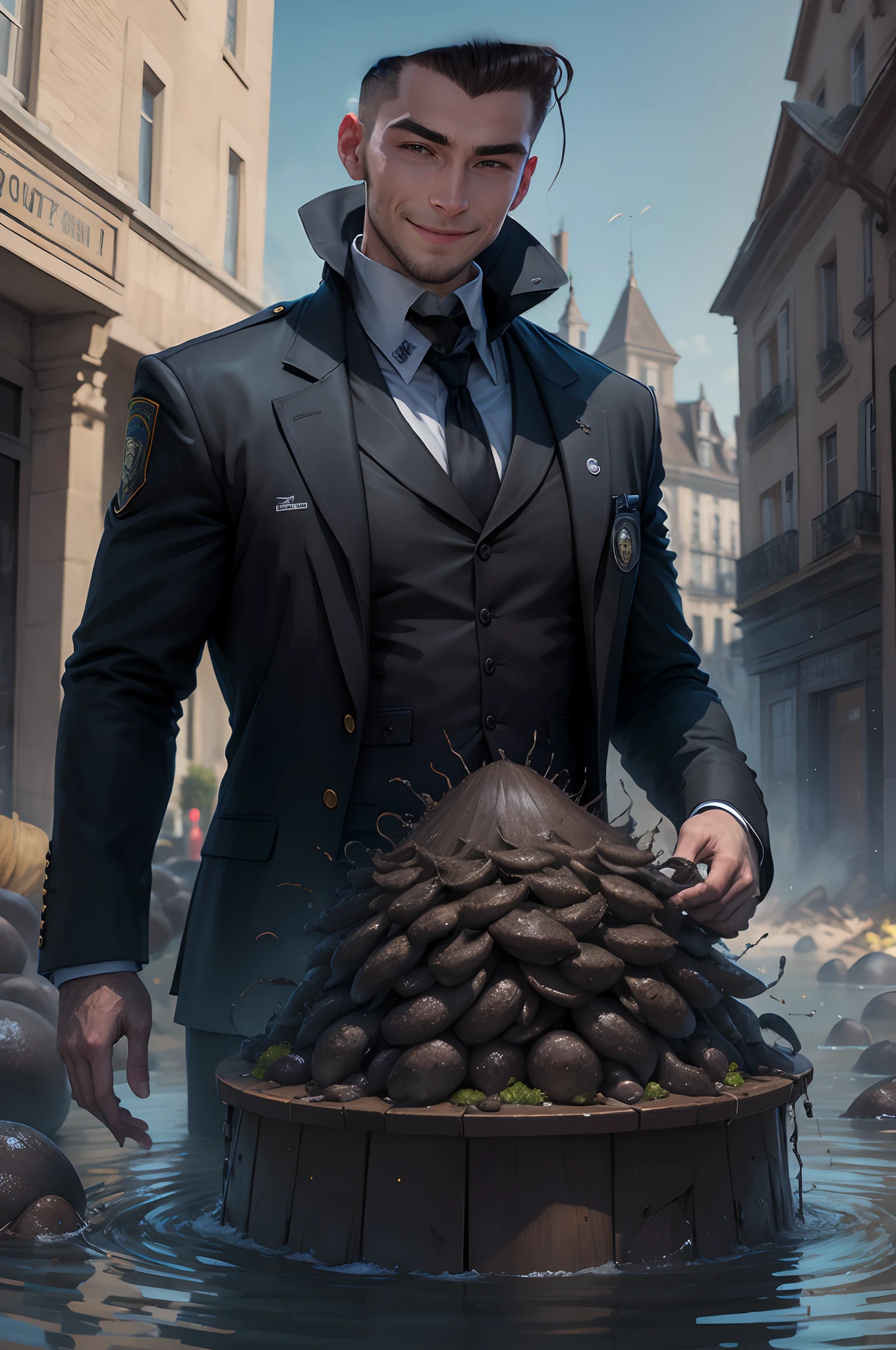 Un homme noir qui est policier devant une pile de grande moule avec des poiles
