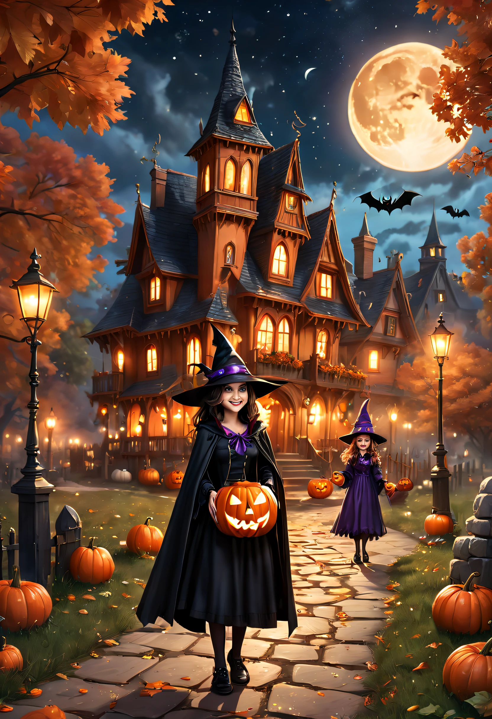 (Best quality,4K,8K,A high resolution,Masterpiece:1.2),Ultra-detailed,(Realistic,Photorealistic,photo-realistic:1.37),Tom and Jerry Halloween night,Red Moon,Castle,pumpkins,the bats,waxy candles,Shining stars,forest,Enigmatic Atmosphere,Costumes,Laughter,Playful chase,Spooky shadows,Haunted atmosphere,Fireworks,wind blowing leaves,jack-o-lanterns,The full moon is reflected on the lake,The witch's broom,Flying ghosts,spiderwebs,moonlit sky,mysterious darkness,Dimly lit streets,Laughter echoed in the distance,Smoke rising from the cauldron,ghostly figure,Dark Alley,A trick-or-treat bag full of candy,The joy of not giving candy and the person who tricks or treats without candy,Giggling witches,Playful pranks,Glowing eyes in the dark,Crackling crackling,Witch hat and cape,Pleasant panic,Whimsical pumpkin patch,fancy dress,Hidden surprises,Excitement in the air,Eerie stories whisper around the campfire,Lively Halloween decorations,Magic spells and potions,Unforgettable music.