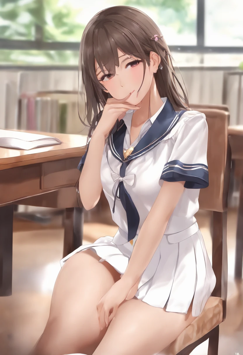 school uniform,nsfw,skirt lift,best quality,1loli,blackhair,seductive smile,flat chest,small nipples,squatting,(see through:1.6),,cameltoe,(panty shot),white panty.(realistic:1.1),middle hair,